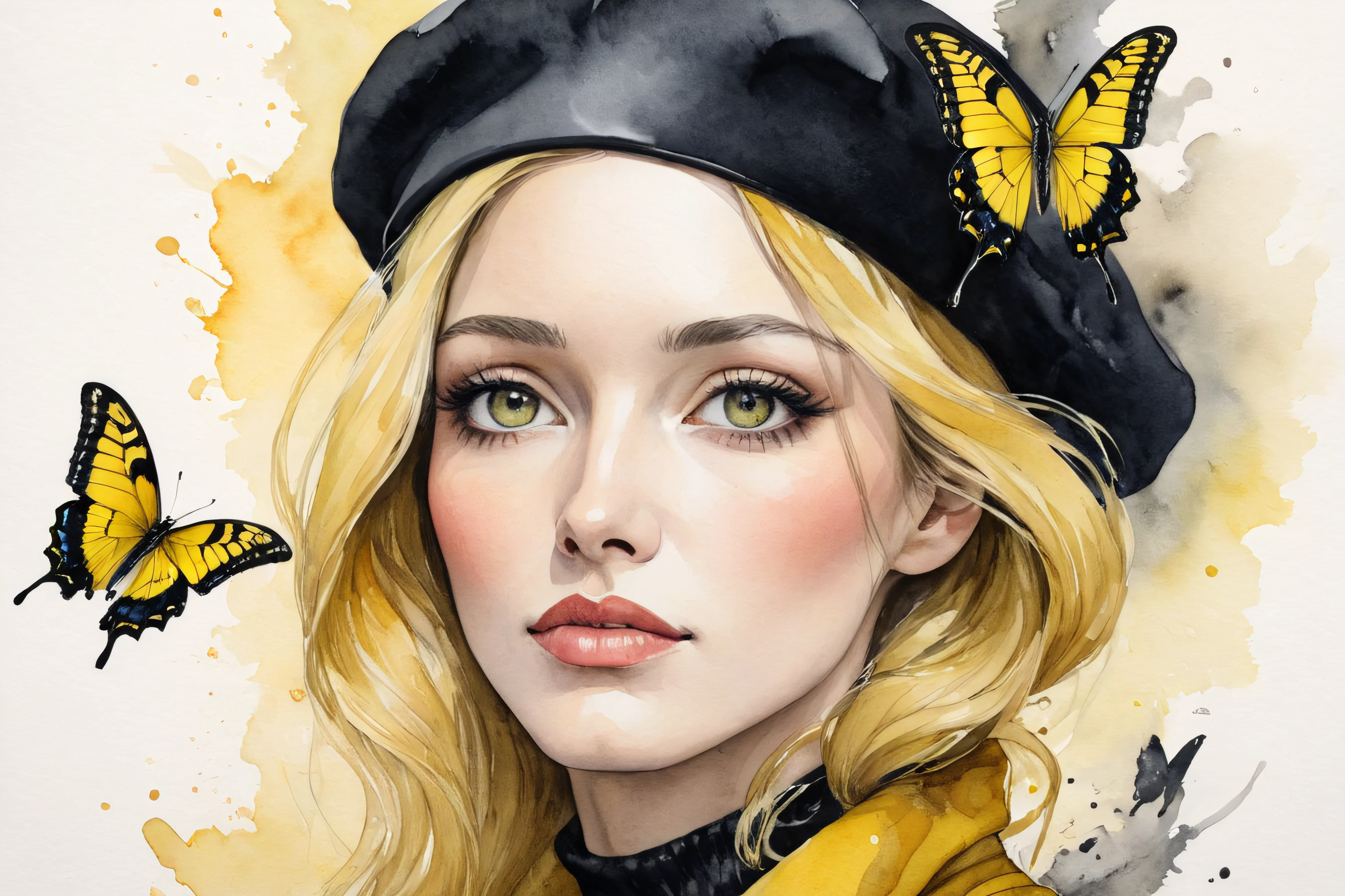 1woman, her beret is a butterfly, yellow and black stbutterfly, detailed, best quality, watercolor painting,