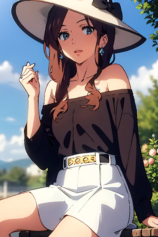 4k,best quality,(masterpiece:1.1),1girl,solo,<lora:sl-Okudera Miki V1:0.7>,Okudera Miki,sitting,white hat,black hat bow,black off-shoulder shirt,bare shoulders,belt,white skirt,earrings,jewelry,outdoors,looking at viewer,