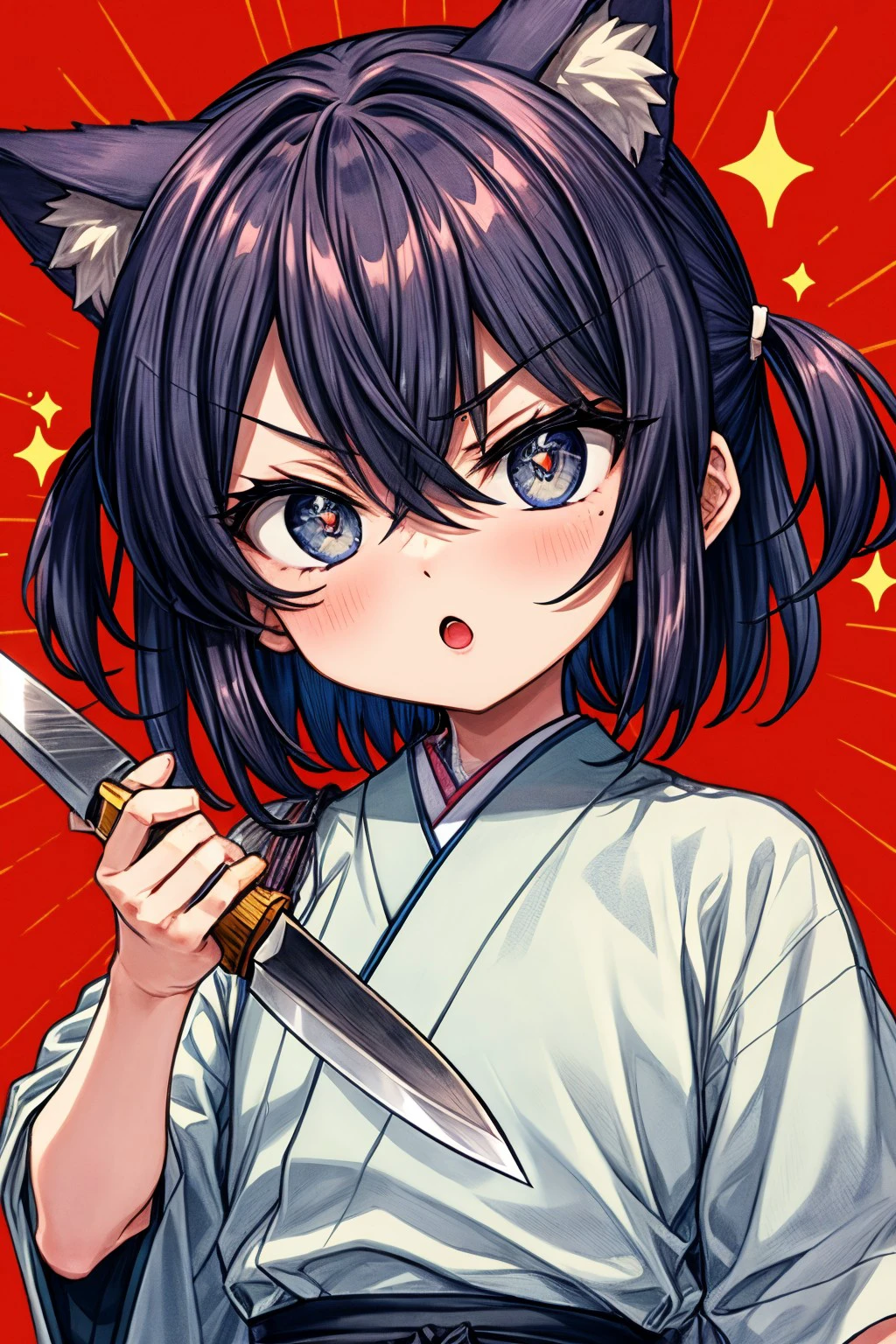 (masterpiece), best quality, expressive eyes, perfect face, souma_k, open mouth,  shirt, holding, animal ears, hair between eyes, upper body, short sleeves, sidelocks, japanese clothes, chibi, :o, v-shaped eyebrows, knife,  fish, !, cropped torso, holding knife, <lora:more_details:0.7>, <lora:GoodHands-beta2:0.7>, <lora:57b464ab-0556-4993-8fd2-c1f58c46a3dd:0.7>