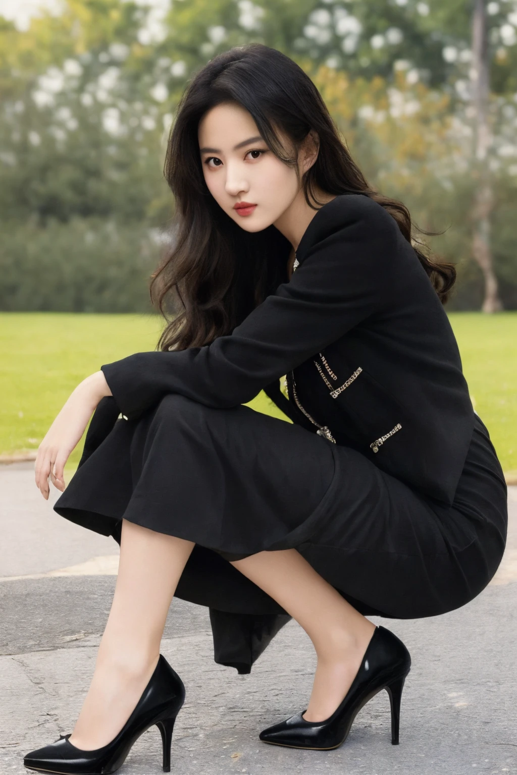 meticulously drawn large light black eyes,(masterpiece:1.2),(best quality:1.2),(extremely detailed:1.2),1girl,solo,black hair,long hair,(high_heels:1.2),looking at viewer,8k,outdoors,<lora:lyf3:0.8>,(black_pantyhose:1.2),