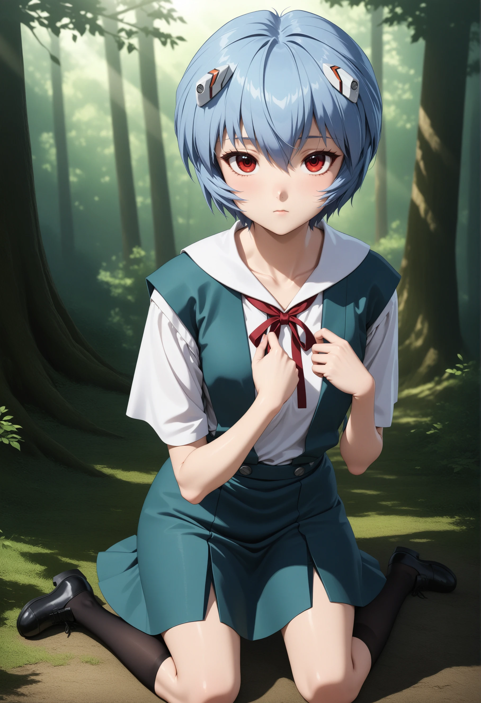 masterpiece, best quality, very aesthetic, ultra detailed, intricate details, 4k, anime style,
SchoolRei, 1girl, solo,
wariza, leaning forward, hands on own chest, looking at viewer, forest, outdoors, tree, sunlight, cloudy, <lora:Rei_XL:1>