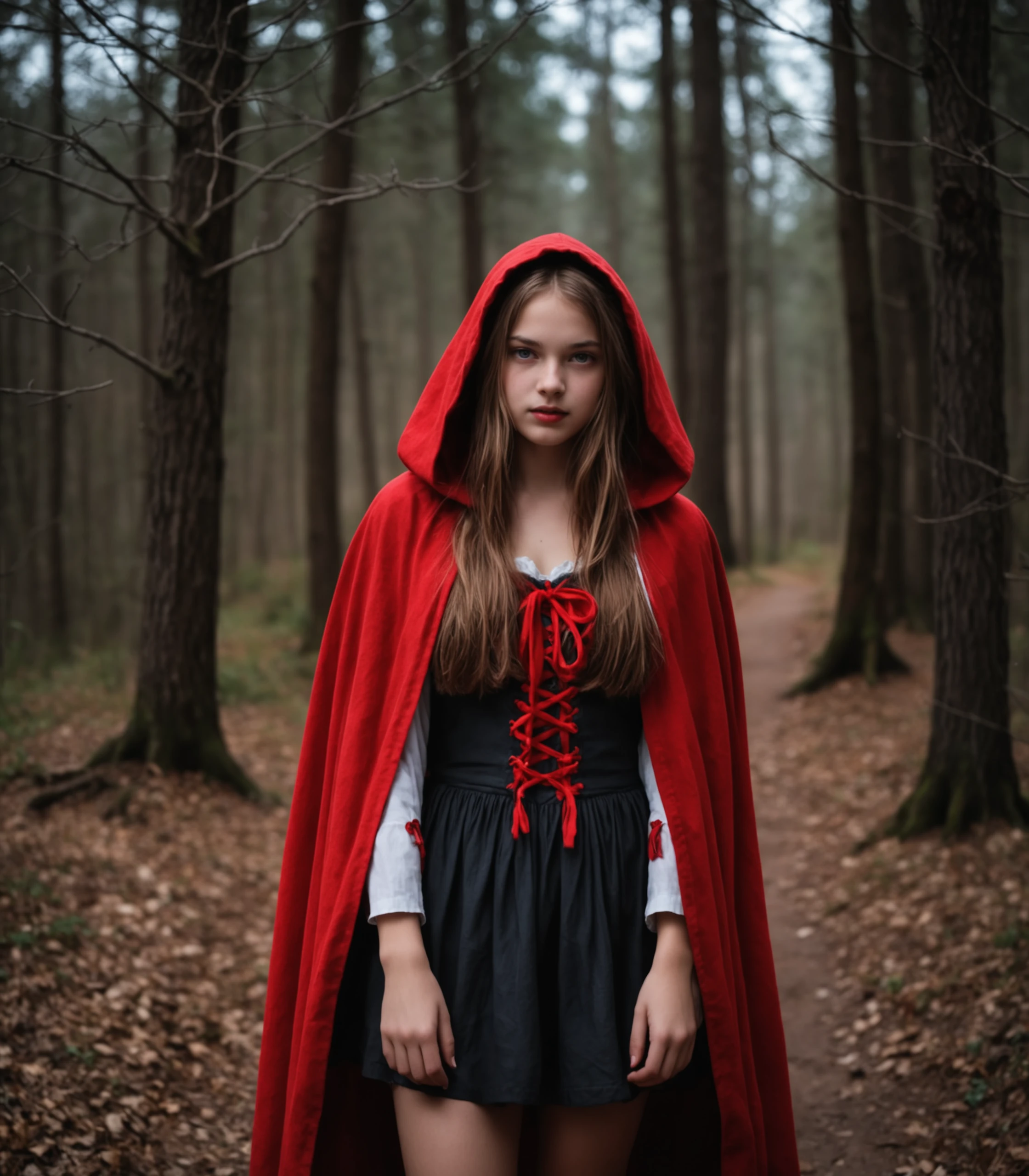 photo, Red Riding Hood, 18 years old, natural dark lighting, best quality