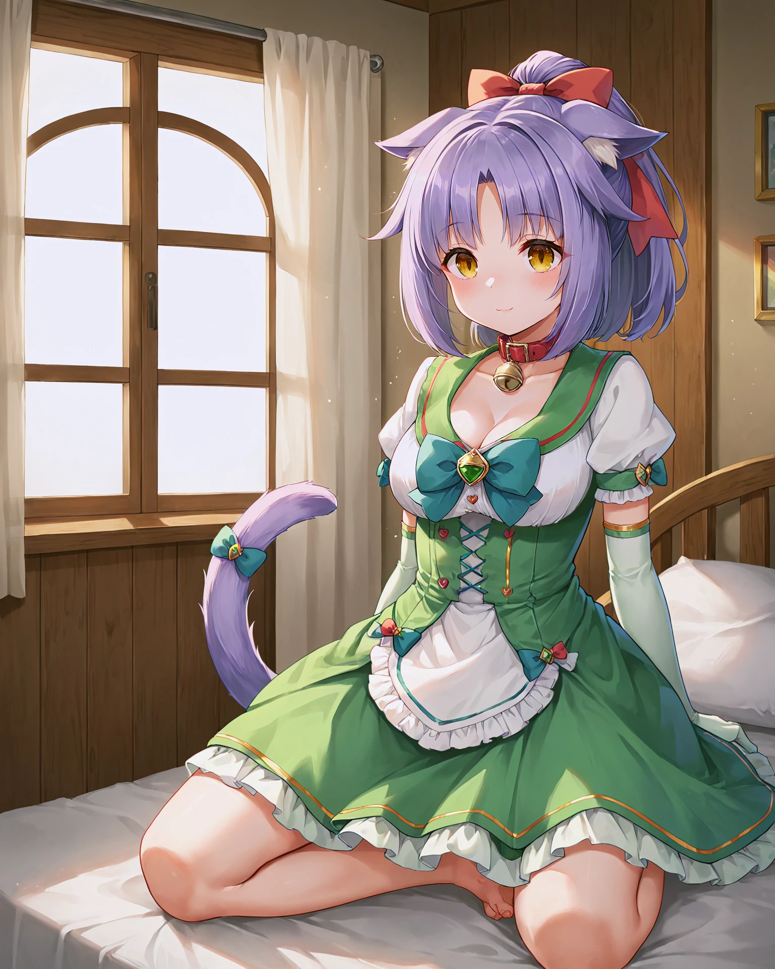 <lora:Neko_Cinnamon_XL:0.7> cinnamon, light purple hair, bangs, yellow eyes, cat girl, cat ears, cat tail, long hair, ponytail, red hair ribbon, hair bow, bow, collar, bell, neck bell, ribbon, choker, green gloves, elbow gloves, jewelry, dress, cleavage, green skirt, puffy sleeves, puffy short sleeves, barefoot, tail ornament,, <lora:9_Detail_Tweaker_XL:0.8>, score_9, score_8_up, score_7_up, source_anime, masterpiece, best quality, highly detailed background, cinematic lighting, detailed eyes, perfect face,, lazy, ager room, messy, bedroom, bed sheet, closet,