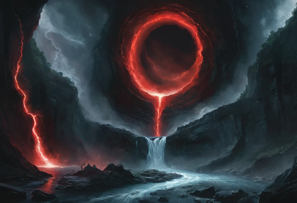 A fantasy concept art of an ominous black hole, glowing red with lightning and smoke in the center of a river valley. The scene is dark and moody, with rocks scattered around. A massive waterfall flows down from above into the stream below, creating a powerful visual effect. In the style of Dungeons & Dragons artwork. <lora:xl_abyss:0.7>