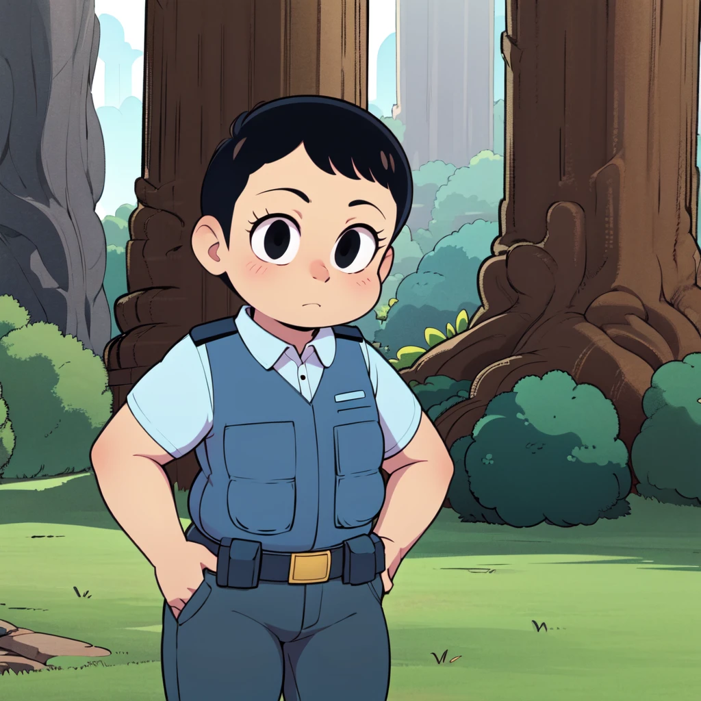 1girl, solo, MissOfficer,  black eyes, short hair,  black hair, chubby, <lora:Miss_Officer_Leaf2:0.8>, short sleeves,  collared shirt, blue vest, belt, pants, cowboy shot, forest, hands in pockets,