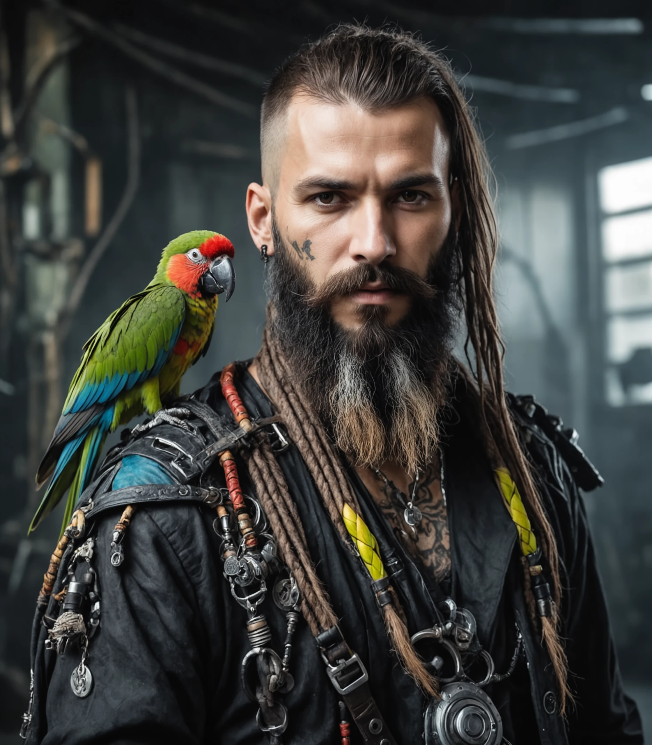face portrait of a cyberpunk pirate woth a parrot on his shoulders, long beard, best quality