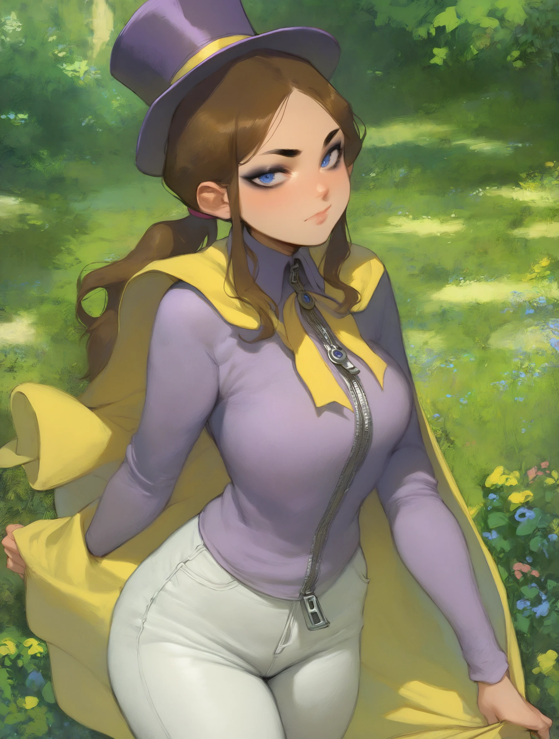 score_9, score_8_up, score_7_up, ntl_style BREAK
hat kid \(a hat in time\), 1girl, light blue eyes, brown hair, closed mouth, purple hat, long hair, long sleeves, looking at viewer, parted bangs, ponytail, purple hoodie, solo, top hat, eyeliner, yellow cape, zipper pull tab, outdoors, white pants
<lora:ntl_pdxl:1>