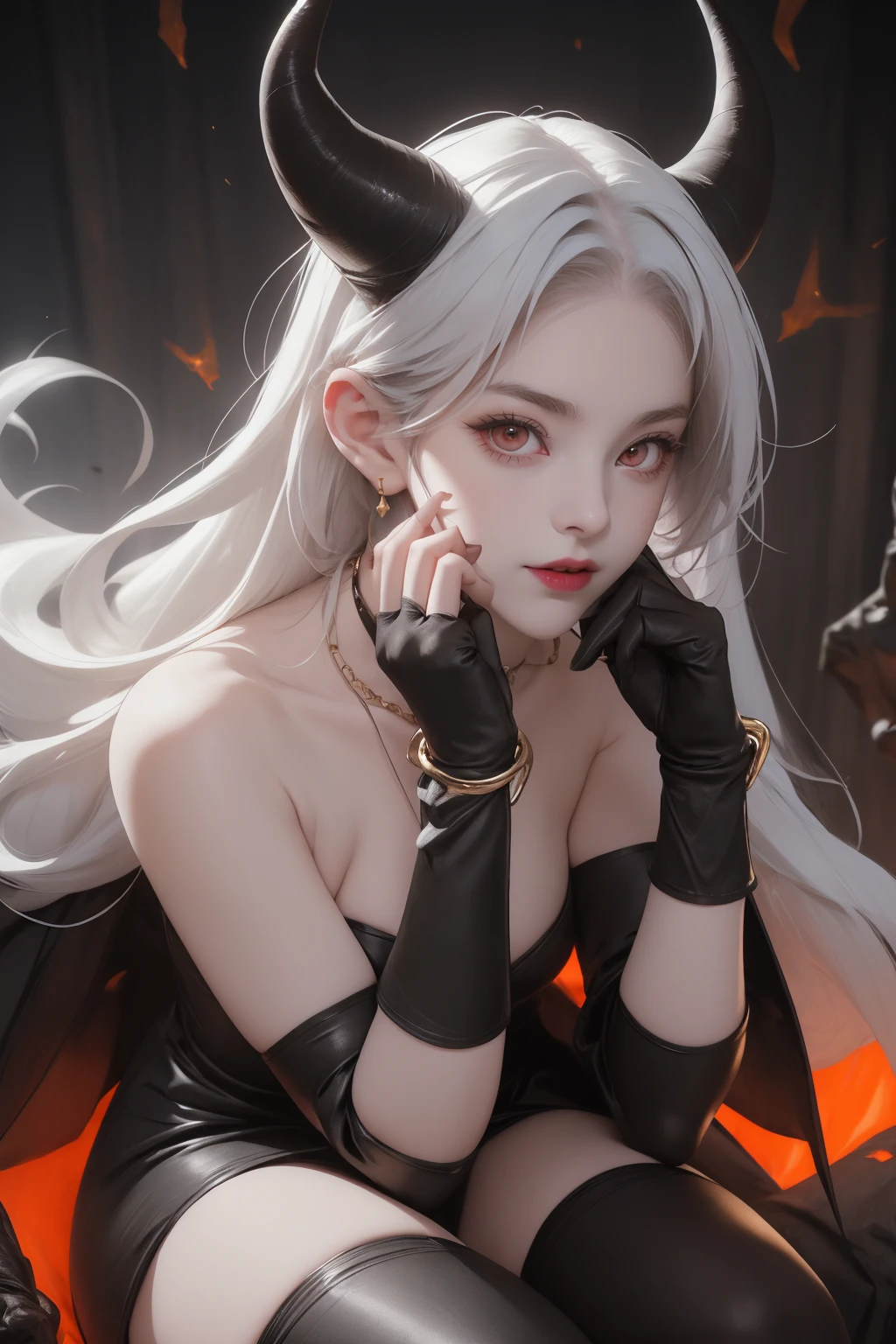 1girl, monster girl, black horns, curvy horns, gloves, stockings, dark dungeon gloves, pale skin, Viewed from directly above, solo, face, red eyes, black eyeliner, white hair, young face, light lip, pink lip, bare shoulder, queen necklace, gold bracelet, happy face, grrinning