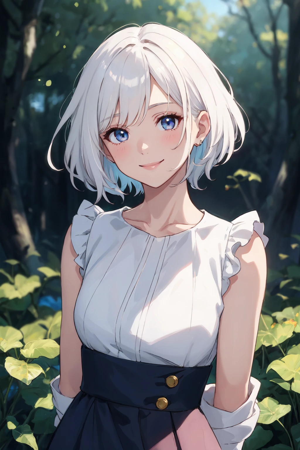 (masterpiece, best quality, glowing light, ultra detailed, detailed background, complex background, soft warm color, still, bright, vivid, dreamy, evocative, light and shadow, anime style, vibrant, ray tracing, absurdres), hayao miyazaki style, (perfect face, detailed face), field, nature, 1girl, aged_up, solo, mature female, dress, arms behind back, smile, upper-body, shaggy hair, white hair, short hair