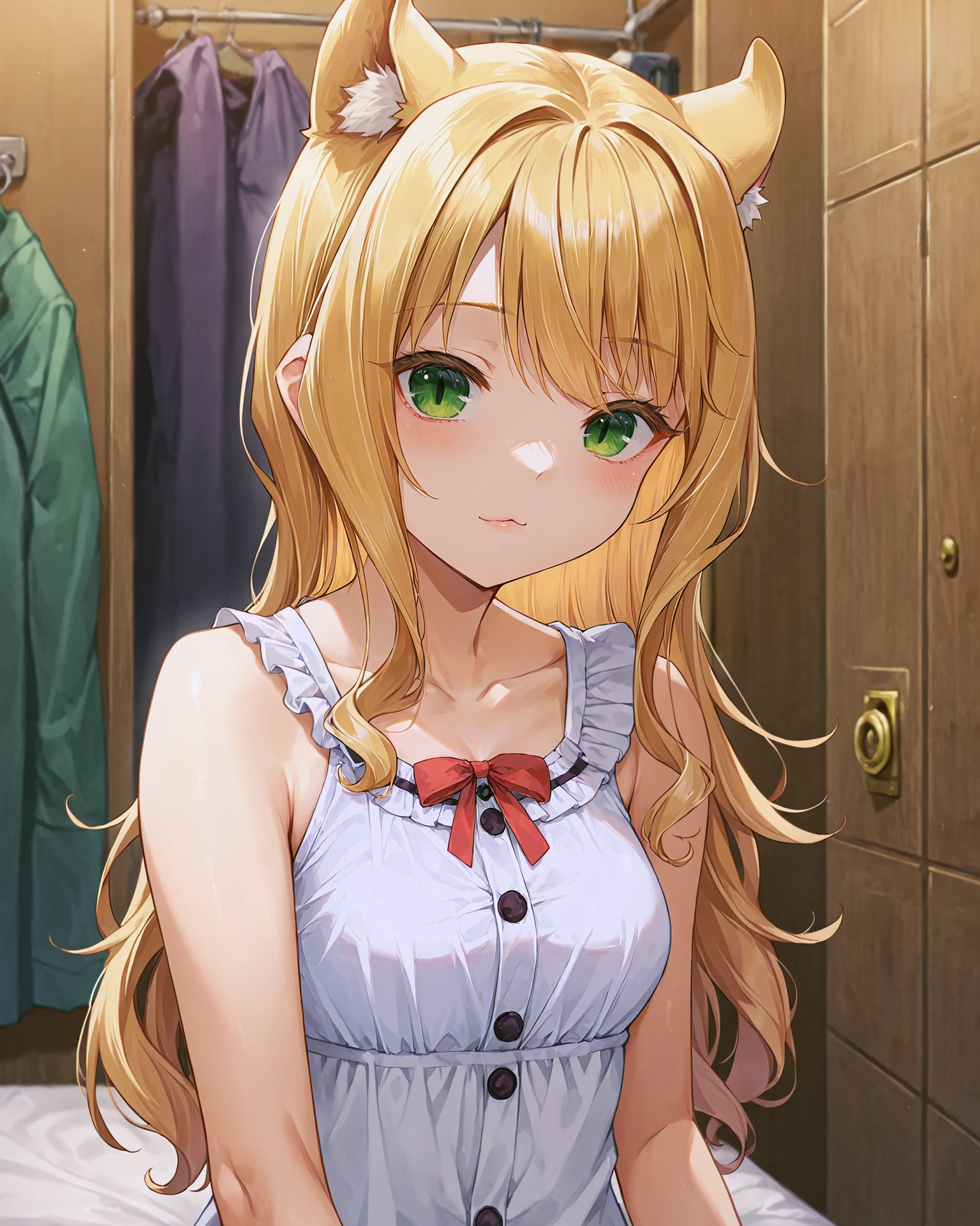 <lora:Neko_Maple_XL:0.8> maple, blonde hair, bangs, green eyes, cat girl, pointy cat ears, cat ears, cat tail, long hair, bow, collarbone, sleeveless, cutout, sleepwear, black sleepwear, white top, buttons, dark purple nightgown, frills, upper body,, <lora:9_Detail_Tweaker_XL:0.8>, score_9, score_8_up, score_7_up, source_anime, masterpiece, best quality, highly detailed background, cinematic lighting, detailed eyes, perfect face,, lazy, teenager room, messy, bedroom, bed sheet, closet,