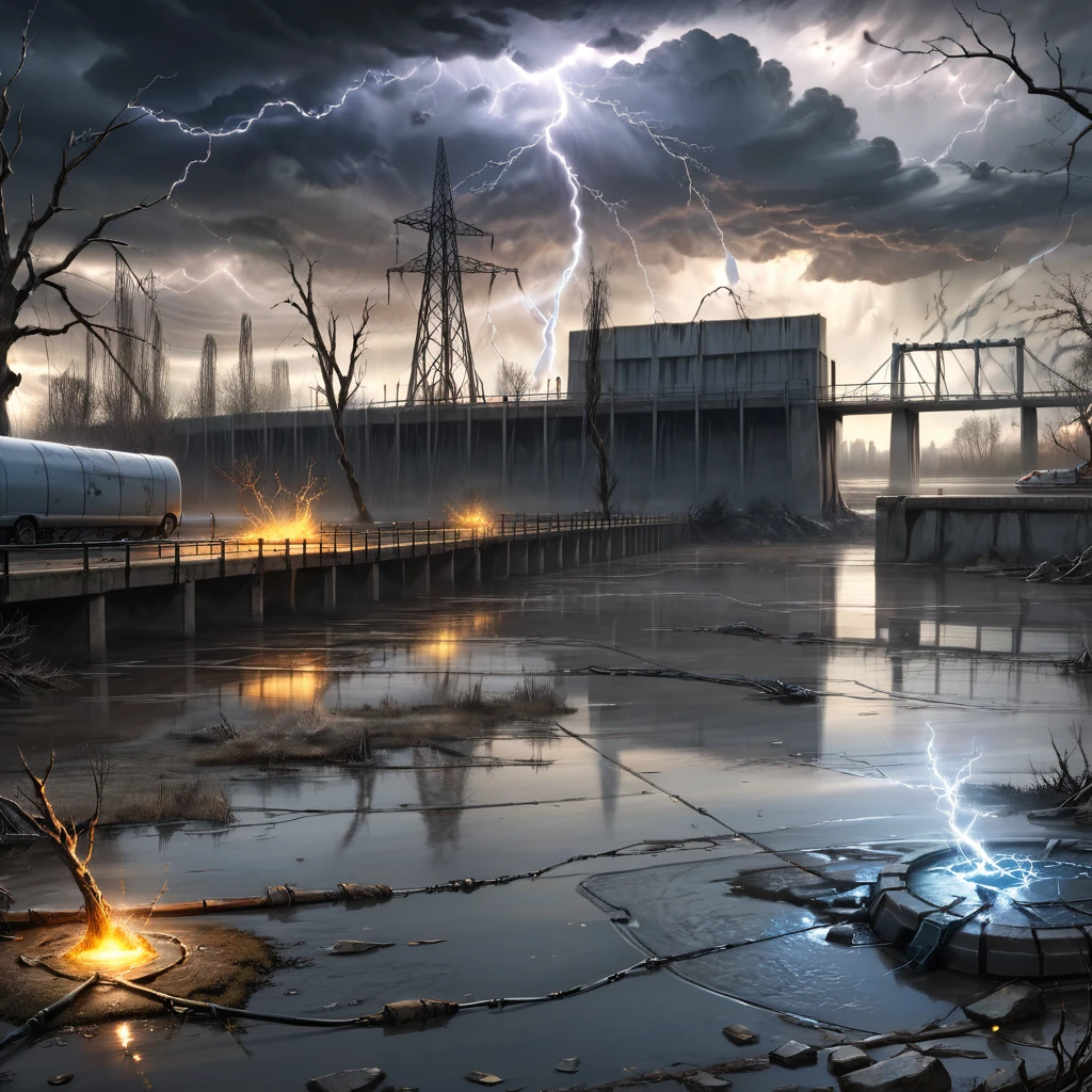 Masterpiece,absurd resolution,8k,high resolution,
StalkerWorld,, no humans, scenery, tree, cloud, outdoors, sky, bare tree, cloudy sky, fence, signature, water, lightning, reflection, electricity, bridge, building, ground vehicle, <lora:stalker_XL:0.6>