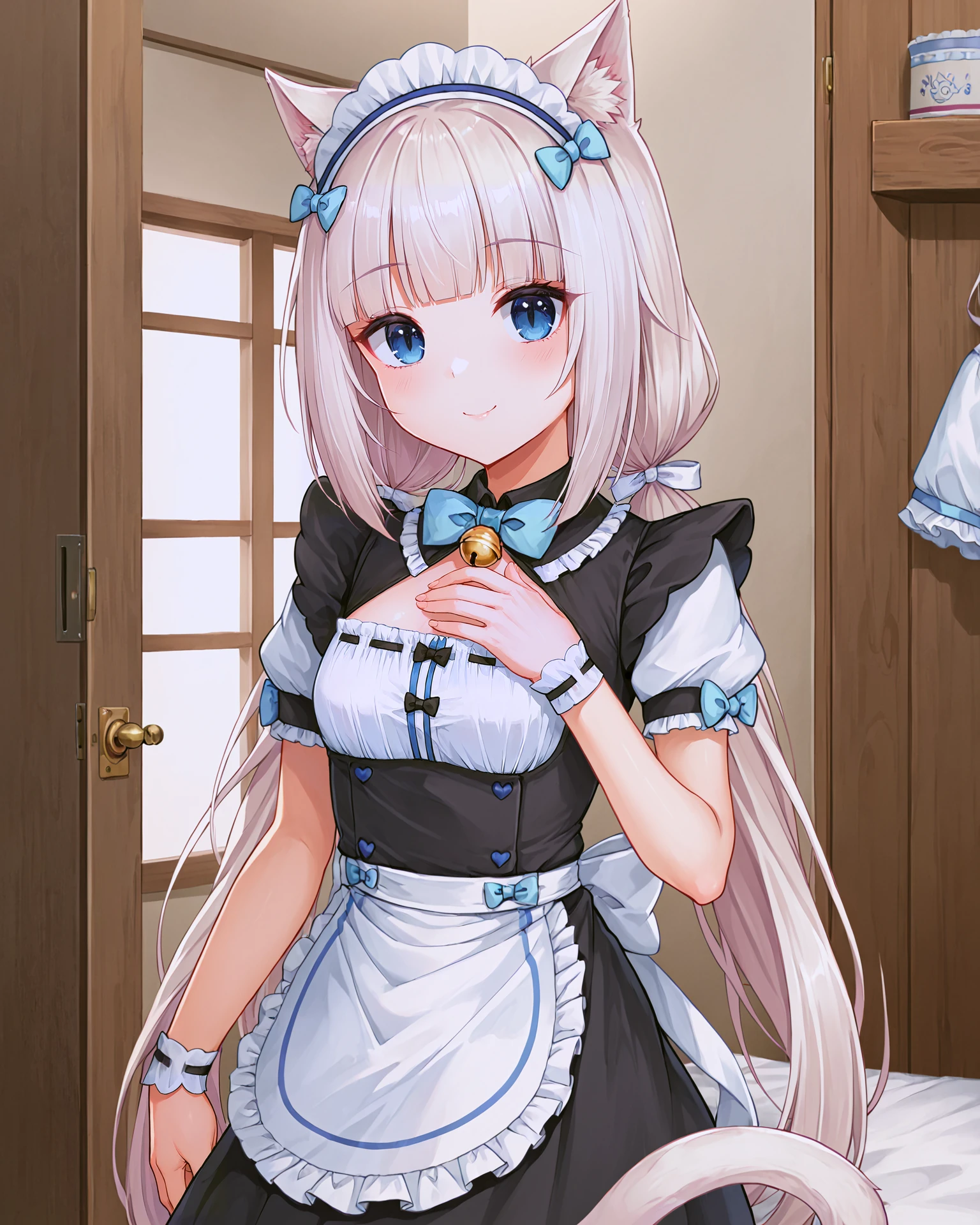 <lora:Neko_Vanilla_XL:0.7> vanilla, blue eyes, white hair, bangs, blunt bangs, cat girl, cat ears, cat tail, long hair, twintails, very long hair, bow, ribbon, bell, neck bell, hair ribbon, maid headdress, maid, frills, clothing cutout, cleavage cutout, short sleeves, puffy sleeves, wrist cuffs, puffy short sleeves, apron, waist apron, frilled apron, upper body, smile, closed mouth,, <lora:9_Detail_Tweaker_XL:0.8>, score_9, score_8_up, score_7_up, source_anime, masterpiece, best quality, highly detailed background, cinematic lighting, detailed eyes, perfect face,, lazy, teenager room, messy, bedroom, bed sheet, closet,