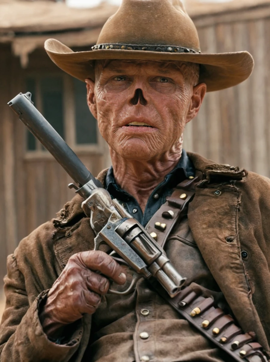 <lora:the_ghoul:0.7>  cowboy outfit, the ghoul, wrinkled, gun, close up