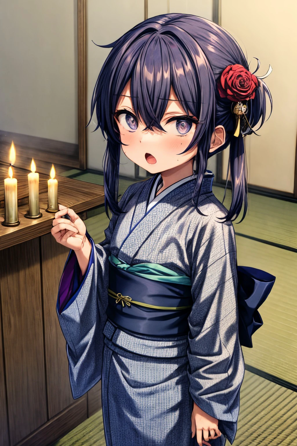 (masterpiece), best quality, expressive eyes, perfect face, souma_k, aged down, open mouth, hair between eyes, flower, food, japanese clothes, indoors, kimono, sash, yukata, blue kimono, candle, <lora:more_details:0.7>, <lora:GoodHands-beta2:0.7>, <lora:57b464ab-0556-4993-8fd2-c1f58c46a3dd:0.7>