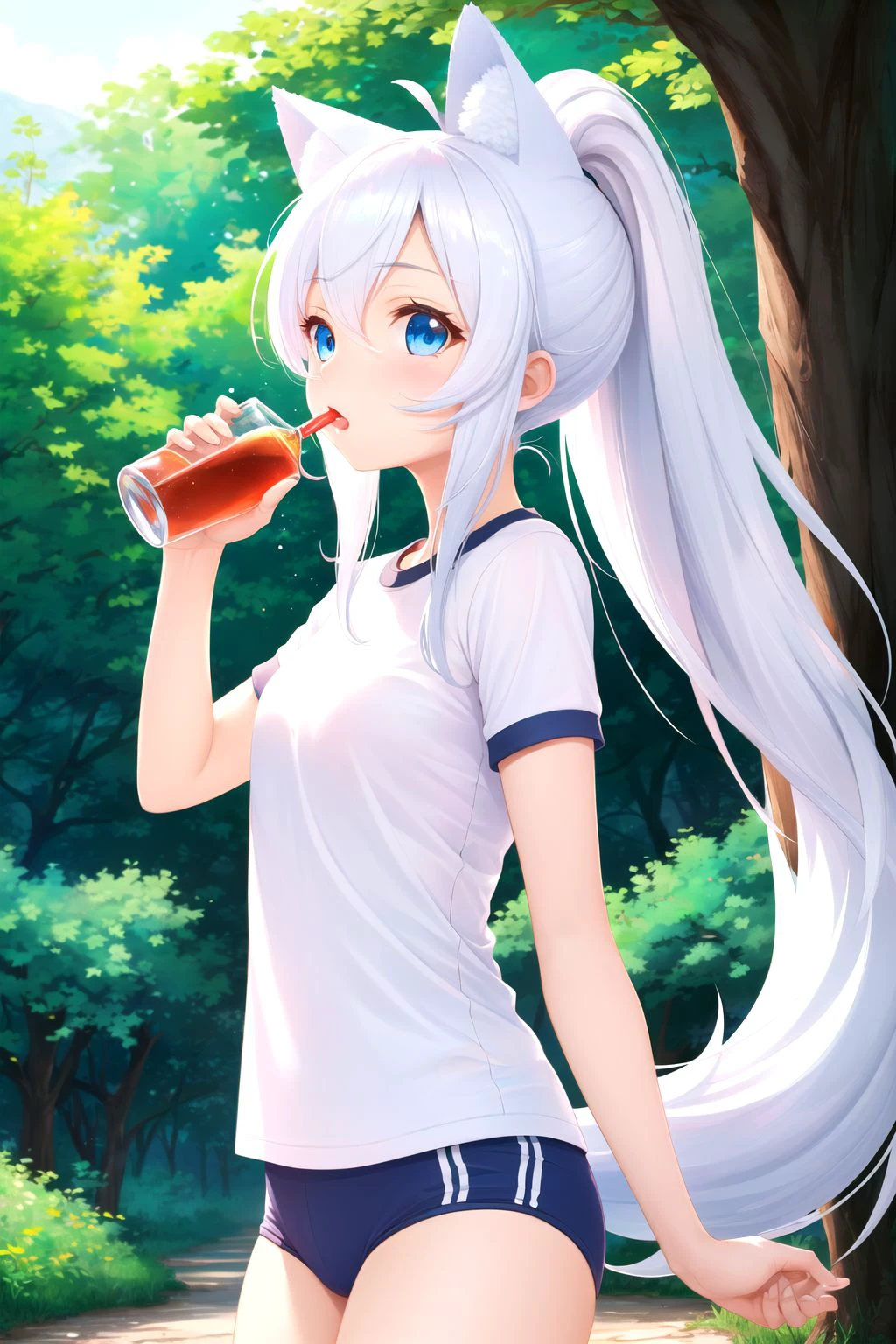 <lora:noelaV2_SD:0.75> noela, gym uniform, 1girl, white hair, ponytail, long hair, wolf ears, tail, blue eyes, white t-shirt, blue shorts,
drinking, potion, looking at viewer,
outdoors, tree, forest,