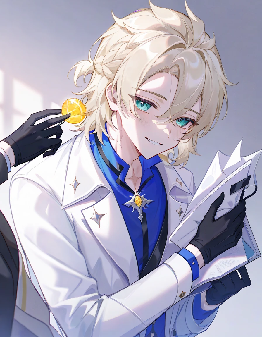 1boy,solo,male focus, smile,albedo,blonde hair,hair between eyes,aqua eyes,shirt,blue shirt,coat,white coat,scar on neck,gloves,black gloves