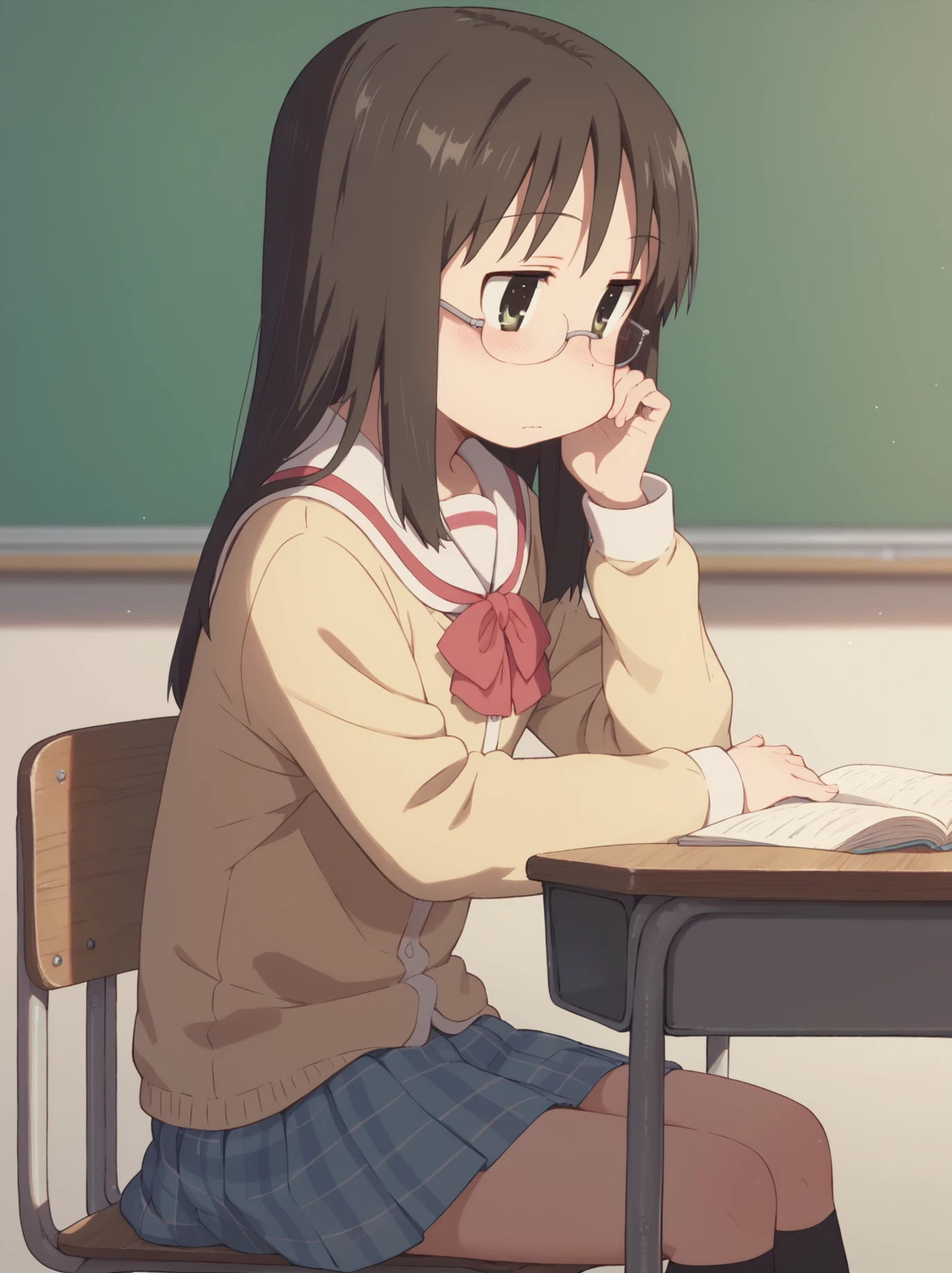 <lora:MinakamiMaiPony:1>, minakamimai, 1girl, sitting, classroom, score_9, score_8_up, score_7_up