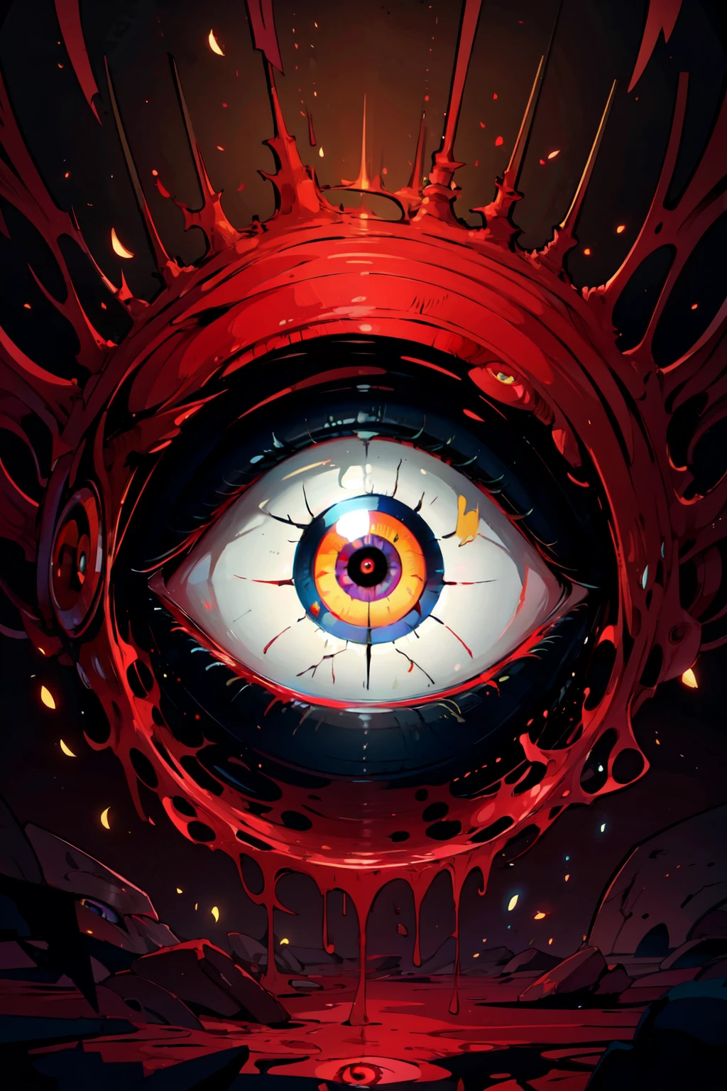 ((masterpiece,best quality)), absurdres, <lora:Occult_Oculi_Magic:0.8>, OccultOculi, giant eye god, solo, looking at viewer, red eyes, no humans, colored sclera, eyeball, one-eyed