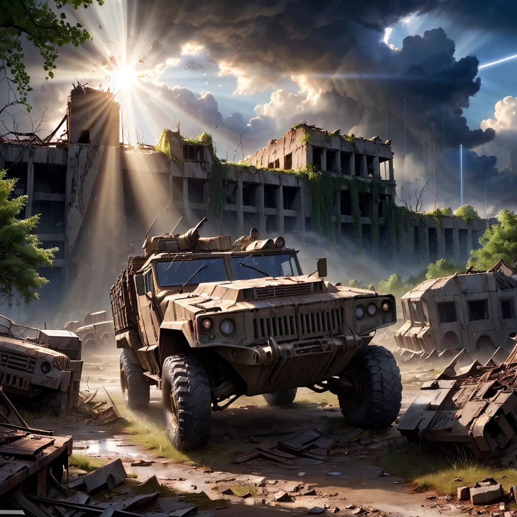 Masterpiece,absurd resolution,8k,high resolution,
StalkerWorld,, no humans, cloud, scenery, ruins, ground vehicle, sky, outdoors, tree, motor vehicle, light rays, sunlight, military, cloudy sky, sunbeam, military vehicle
,<lora:stalker_XL:0.6>