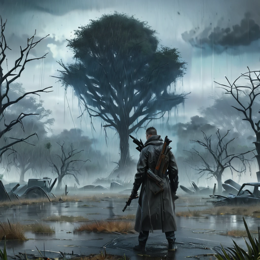 Masterpiece,absurd resolution,8k,high resolution,
StalkerWorld,anomaly,, weapon, tree, outdoors, rain, cloud, cloudy sky, holding weapon, bare trees, gun, sky, standing, fog, grass, water
, <lora:stalker_XL:0.8>