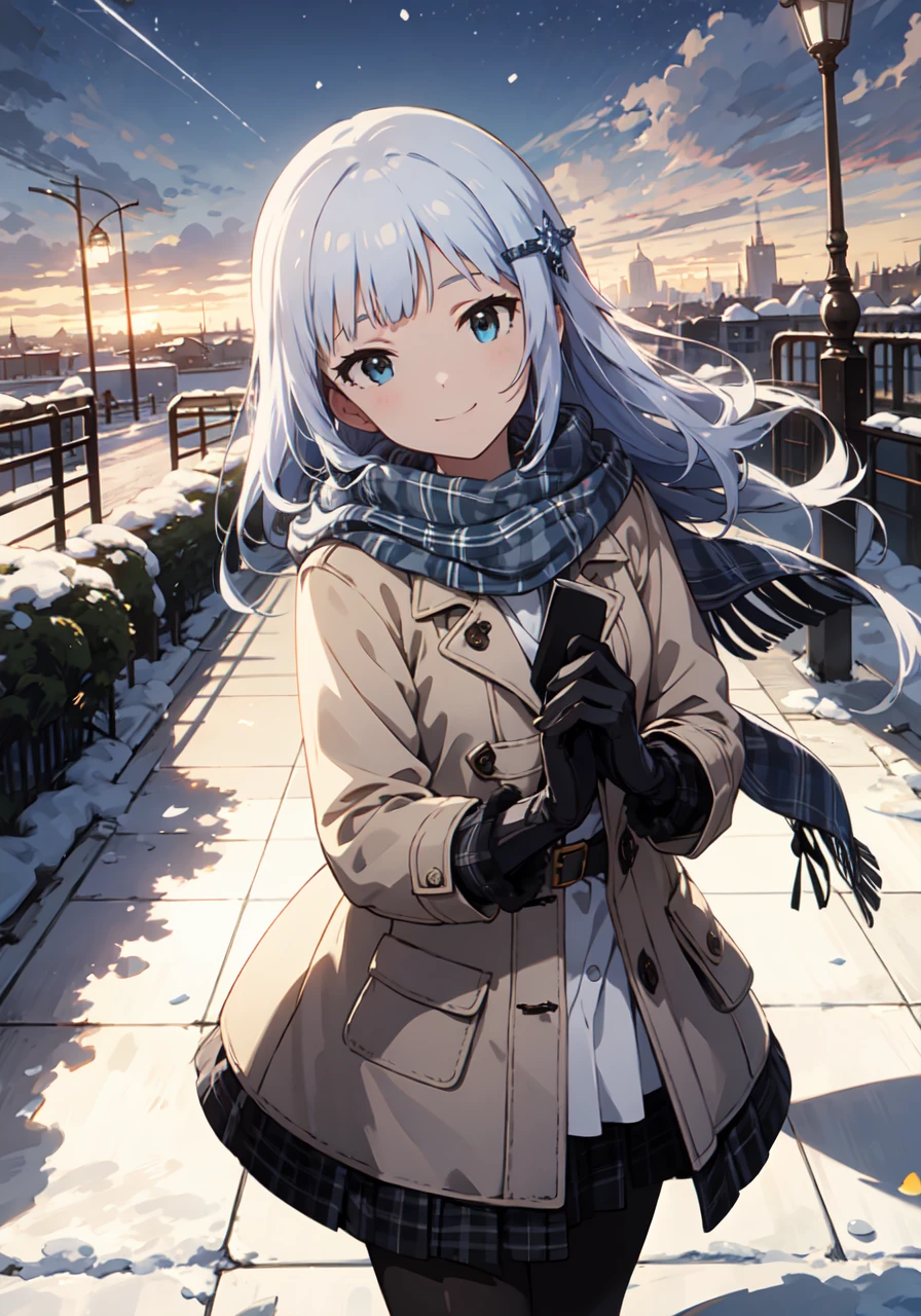 tsumugi shiraishi (million live), low-tied long hair, hair ornament, (best quality, 8K, masterpiece, ultra detailed:1.2), cinematic angle, dynamic pose, night, dappled sunlight, blue sky, beautiful clouds, cityscape, lens flare, sparkle, light particles, wide shot, 1girl, solo, slight smile, head tilt, cowboy, christmas, beautiful clouds, constellation, starry sky, snowing, reflective floor, snowflakes, from above, cowboy shot, winter coat, sweater, open clothes, plaid scarf, black pantyhose, gloves