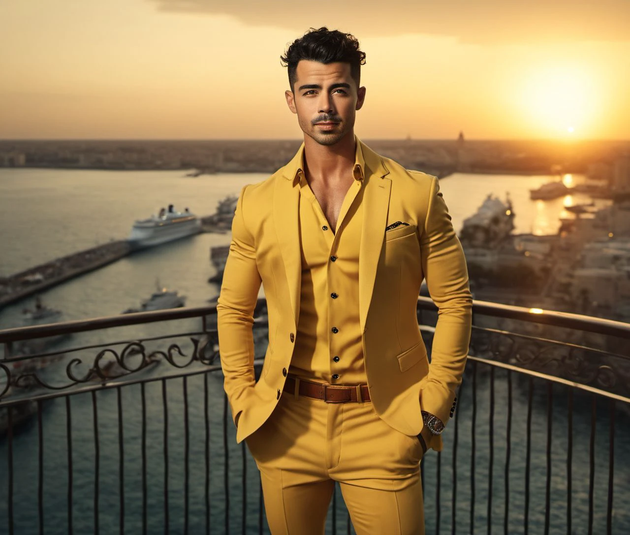 Nautical-themed (Photo:1.3) of (Ultrarealistic:1.3) <lora:Man_Men_FFashion:1> Joe Jonas a man <lora:Joe-Jonas:0.75> in a yellow suit standing on a balcony, handsome man, attractive man, handsome male, sun behind him, inspired by Pablo Munoz Gomez, shot at golden hour, editorial photograph, midshot of a hunky, by Roman Bezpalkiv, by Artur Tarnowski, maxim sukharev, by Gabor Szikszai,Highly Detailed,(Mono Color:1.3) . Sea, ocean, ships, maritime, beach, marine life, highly detailed