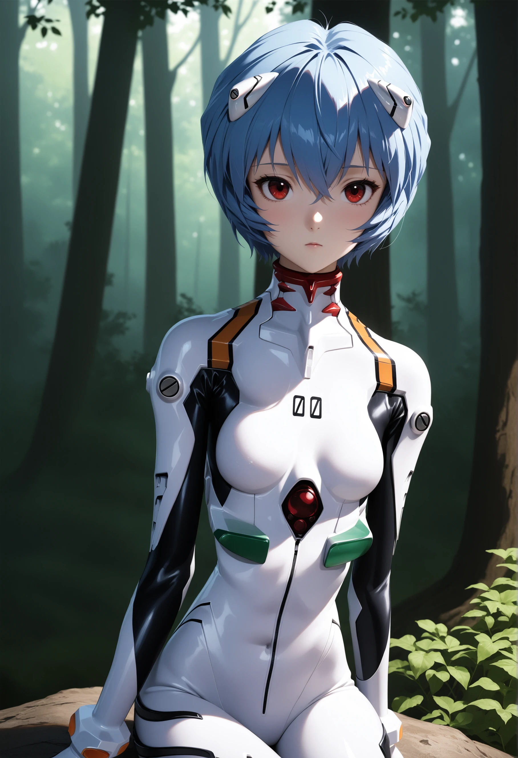 masterpiece, best quality, very aesthetic, ultra detailed, intricate details, 4k, anime style,
LatexRei, 1girl, solo, blue hair, short hair, bangs, red eyes, breasts, small breasts, hair between eyes, expressionless, 
gloves, bodysuit, turtleneck, pale skin, breasts apart, pilot suit, bracer, plugsuit, white bodysuit, skinny, interface headset, ayanami rei, rebuild of evangelion, 
sitting, cowboy shot, looking at viewer, forest, outdoors, tree, sunlight, cloudy, <lora:Rei_XL:1>