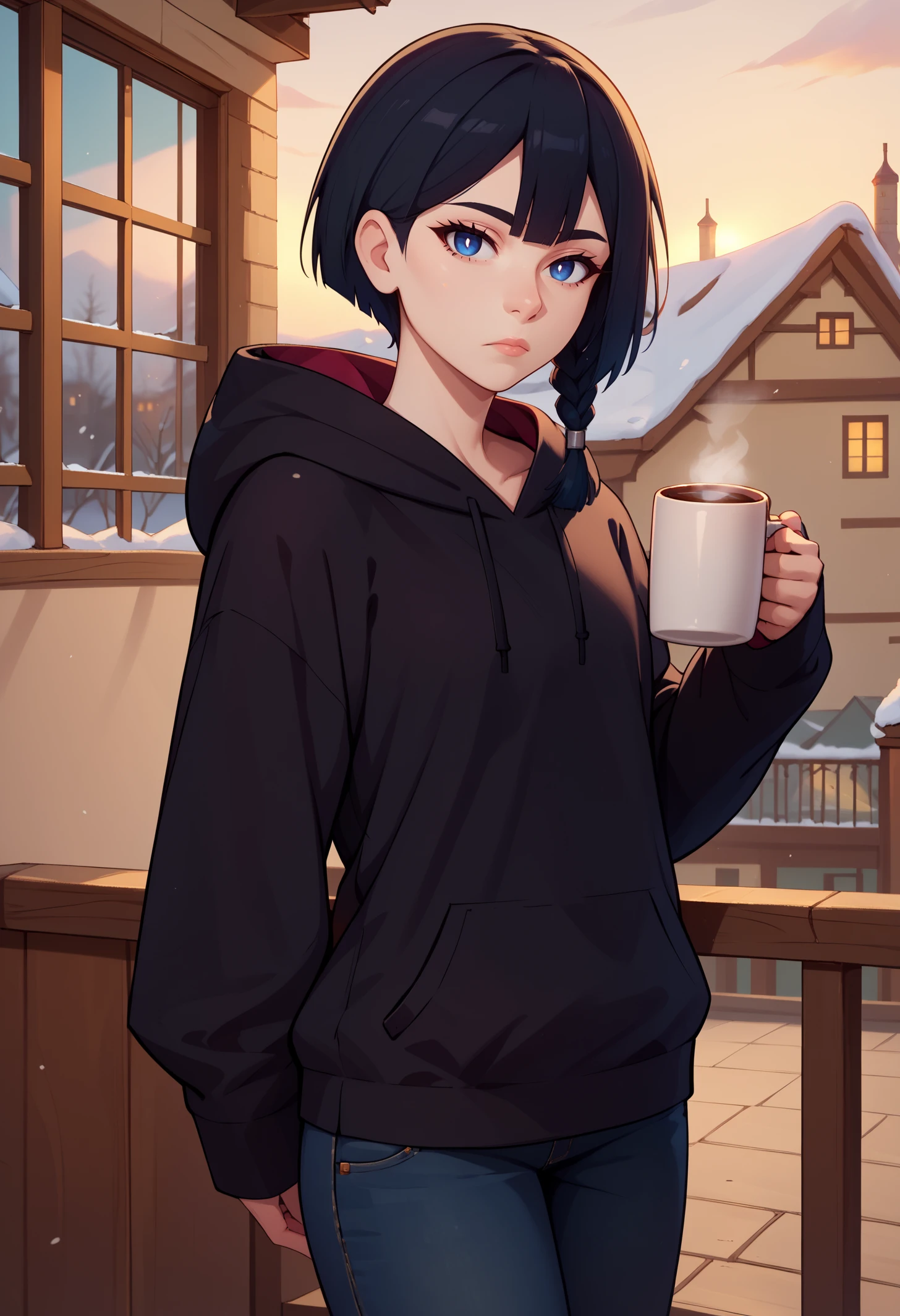 score_9, score_8_up, score_7_up, BREAK 1girl, solo, FVisions, blue eyes, white pupils, black hair, side braid, single braid, short hair, <lora:FVisionsPDXL_V1-Manityro-CAME:0.8>, outdoors, balcony, winter,
looking at viewer, expressionless, hot chocolate, holding mug, hands behind back,
black hoodie, jeans, long sleeves, sleeves past wrists,