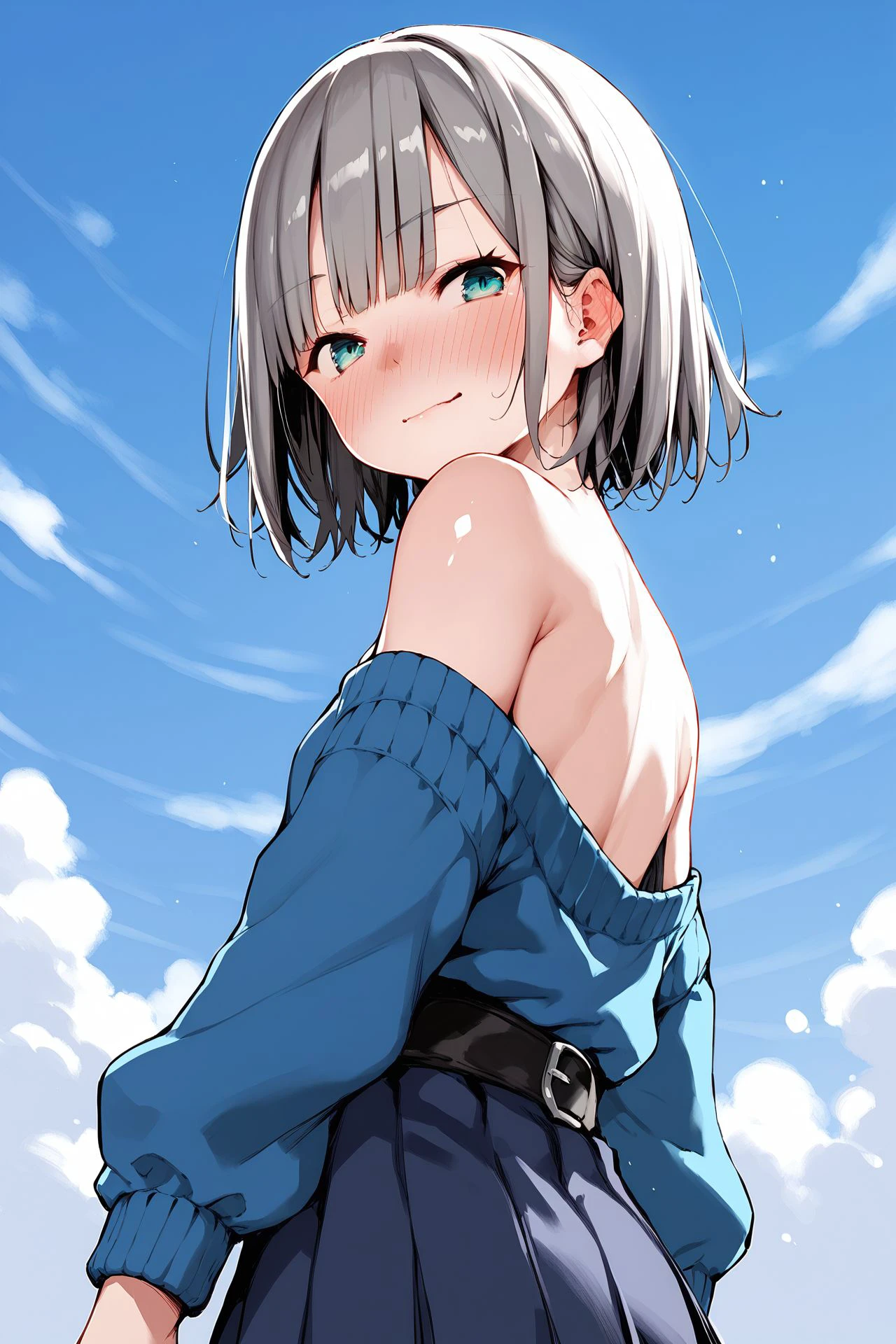 score_9, score_8_up, score_7_up, 1girl, embarrassed nose blush smile, looking at viewer, dark_grey hair, textured_bangs, aqua eyes, hands_behind_back, <lora:Airandou_PonyXL_style_v01:1>