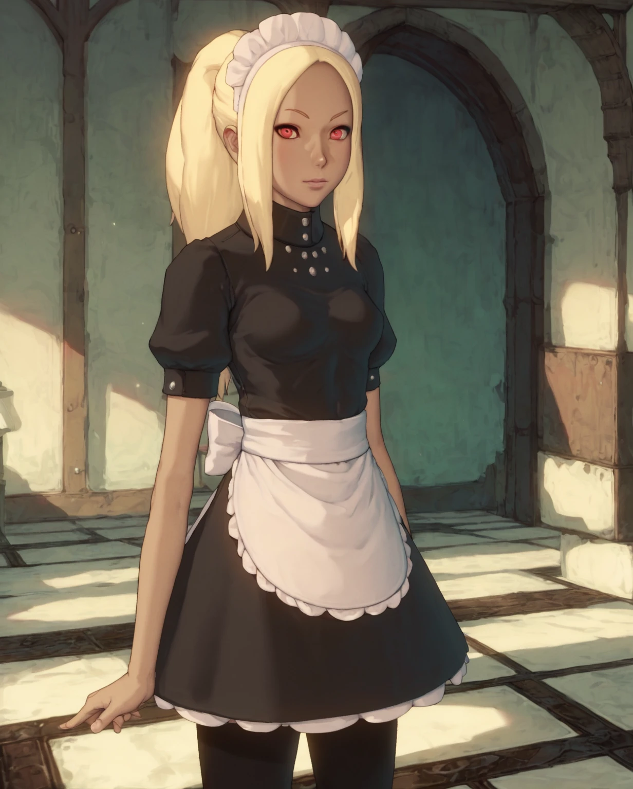 score_9, score_8_up, score_7_up, score_6_up, score_5_up, score_4_up, source_anime, looking at viewer, cowboy shot, 
<lora:Kat - Gravity Rush (Autism SDXL)-000009:0.8> kat \(gravity rush\), katmaidoutfit, blonde hair, ponytail, sidelocks, red eyes, maid headdress,