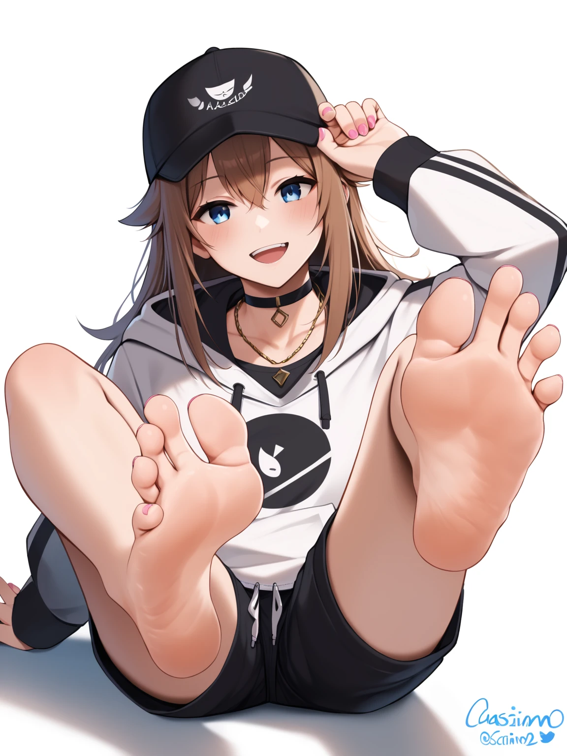 score_9, score_8_up, score_7_up, score_6_up, score_5_up, score_4_up, source_anime, <lora:casinep_style-ponyxl-v10h:1> , 1girl, solo, casinep style, looking at viewer, barefoot, feet, toes, soles, legs, smile, bare legs, foot focus, foreshortening, long hair, thighs, full body, open mouth, hair between eyes, jewelry, twitter username, :d, long sleeves, nail polish, teeth, presenting foot, toenail polish, collarbone, sidelocks, simple background, blue eyes, white background, shorts, feet up, hat, legs up, brown hair, short shorts, necklace, spread toes, black shorts, choker, hood, hoodie, pink nails, black headwear, hood down, arm up, hair flaps, outstretched arm, reaching towards viewer, toe scrunch, baseball cap, black hoodie, white hoodie, drawstring, hand on headwear, knees together feet apart