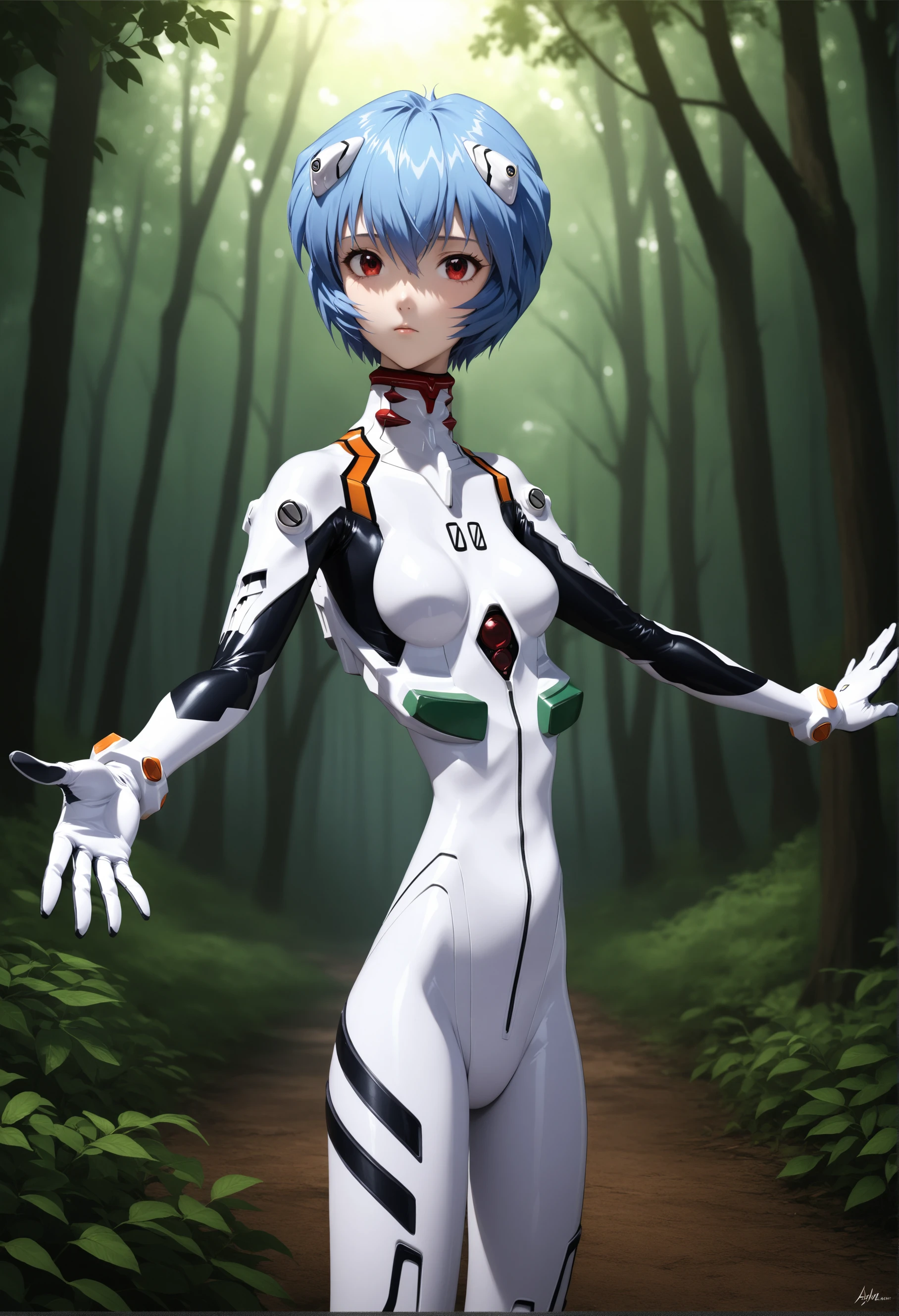 masterpiece, best quality, very aesthetic, ultra detailed, intricate details, 4k, anime style,
LatexRei, 1girl, solo, blue hair, short hair, bangs, red eyes, breasts, small breasts, hair between eyes, expressionless, 
gloves, bodysuit, turtleneck, pale skin, breasts apart, pilot suit, bracer, plugsuit, white bodysuit, skinny, interface headset, ayanami rei, rebuild of evangelion, 
standing, outstretched arms, spread arms, t-pose,  cowboy shot, looking at viewer, forest, outdoors, tree, sunlight, cloudy, <lora:Rei_XL:1>