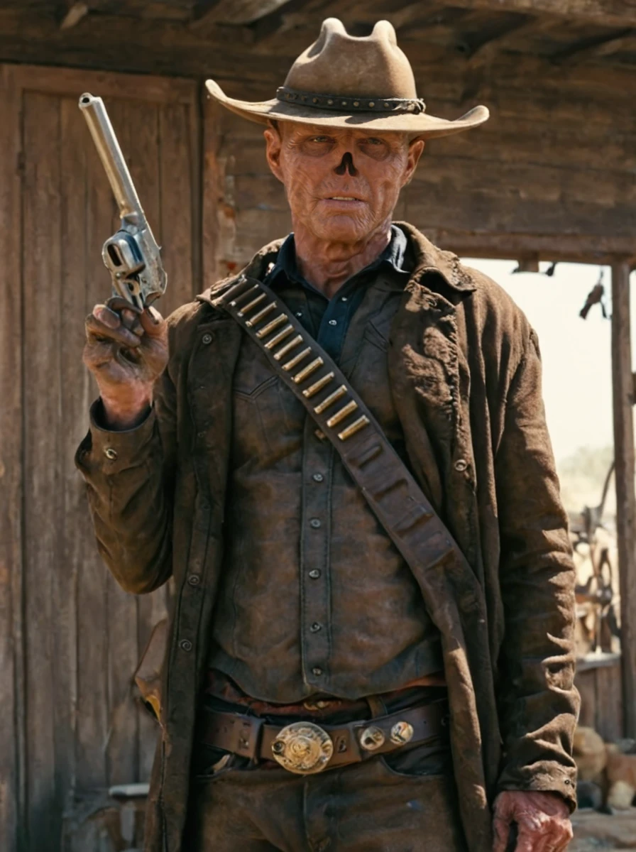 <lora:the_ghoul:0.7>  cowboy outfit, the ghoul, wrinkled, gun