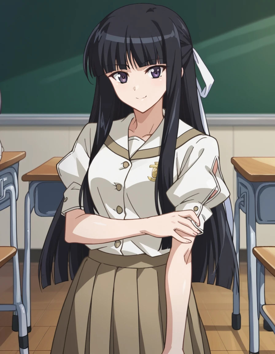 score_9, score_8_up, score_7_up, source_anime,
kazuhamigiwa, <lora:kazuha-migiwa-s1-ponyxl-lora-nochekaiser:1>,
kazuha migiwa, long hair, black hair, ribbon, hair ribbon, bangs, blunt bangs,
skirt, shirt, school uniform, short sleeves, pleated skirt, puffy sleeves, buttons,
indoors, classroom, smile,
looking at viewer, cowboy shot, solo,