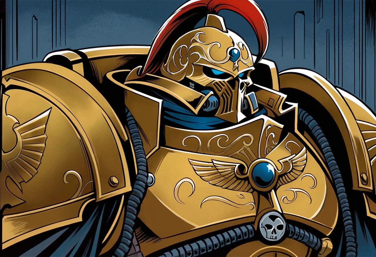 (digital illustration), Adeptus Custode,  he is wearing golden power armor, upper body, portrait, dynamic composition, centered, comic book \(style\), bold lines, dramatic shading, [[splash page]], line art, extremely detailed, dramatic, warhammer 40k
 <lora:custodians-10:1>