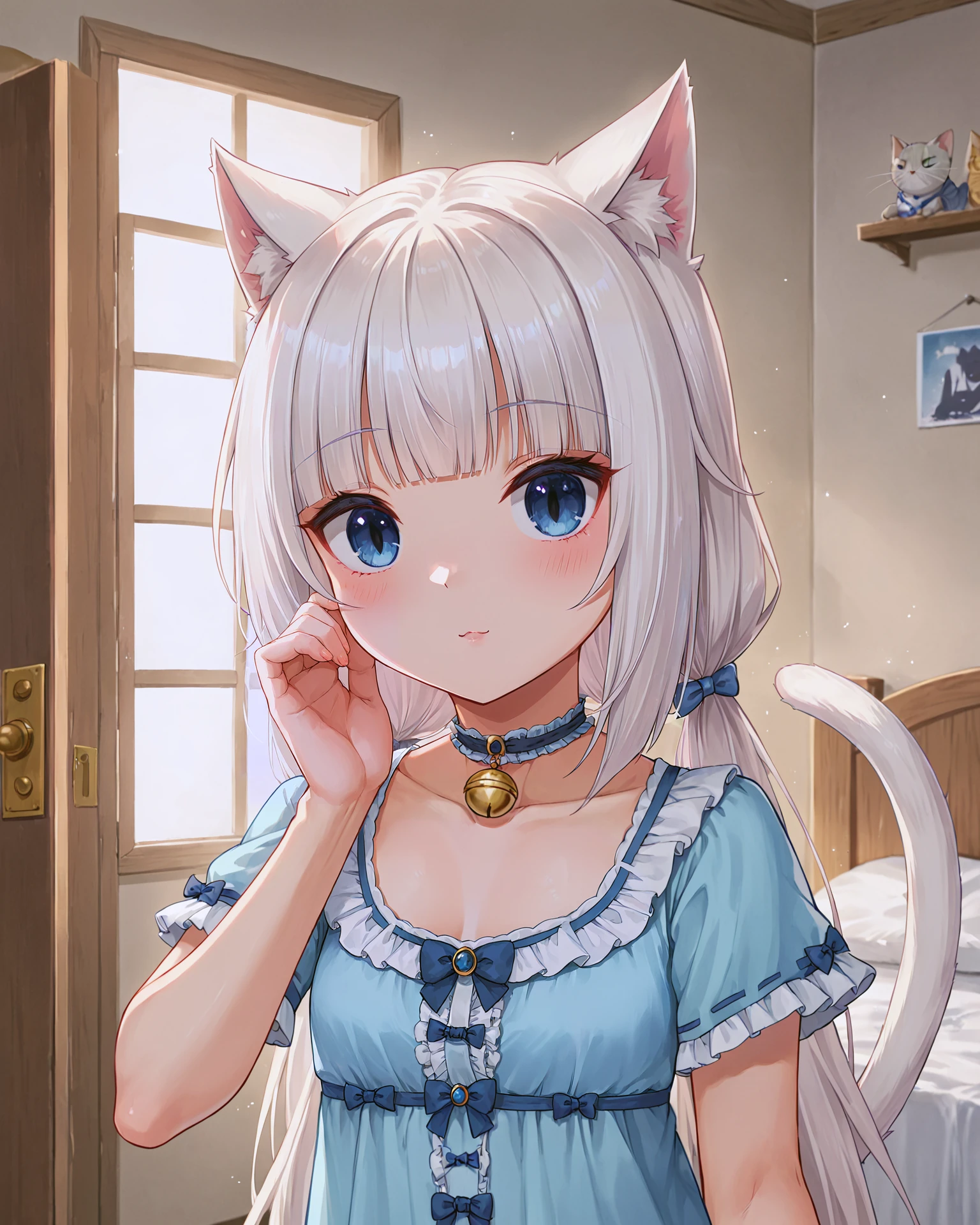 <lora:Neko_Vanilla_XL:0.7> vanilla, blue eyes, white hair, bangs, blunt bangs, cat girl, cat ears, cat tail, long hair, very long hair, choker, bow, ribbon, collarbone, light blue sleepwear, pajamas, nightgown, frills, short sleeves, ribbon trim, ribbon-trimmed clothes, upper body, :o, <lora:9_Detail_Tweaker_XL:0.8>, score_9, score_8_up, score_7_up, source_anime, masterpiece, best quality, highly detailed background, cinematic lighting, detailed eyes, perfect face,, lazy, teenager room, messy, bedroom, bed sheet, closet,