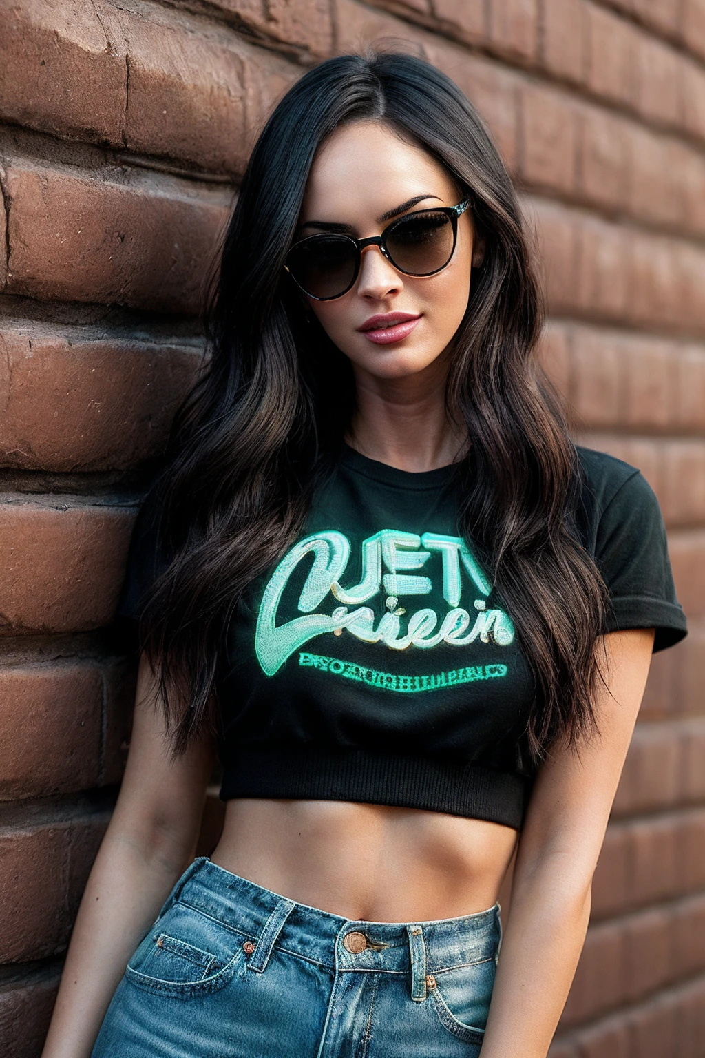 photo of MeganF_SoloTI_v1, PA7_Portrait-MCU, (happy,smile),
(Oversized vintage graphic tee tucked into high-waisted distressed denim shorts, chunky combat boots, cross-body mini bag in neon green, tinted sunglasses perched atop tousled waves), (Vibrant urban street art murals span weathered brick walls, skateboarders grind rails in the concrete plaza, neon signs blink in trendy cafés, music from street performers blends with the buzz of the city:1.3), (seductive:1.3),photorealistic, masterpiece, high quality, artistic, unique, award winning photograph, professional, 8k, RAW photo, best quality,flattering,
<lora:add_detail:0.6>,<lora:LowRa:0.2>