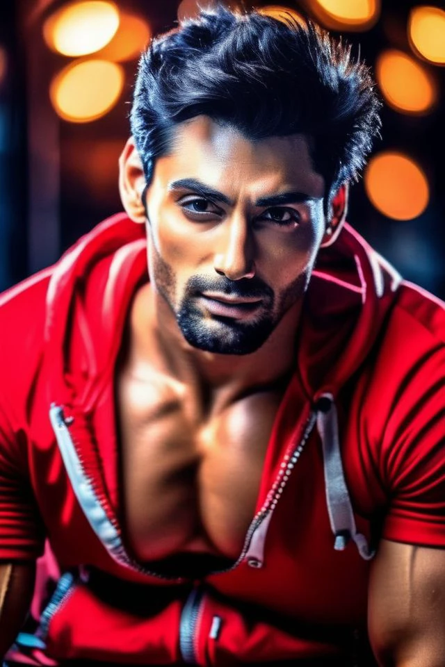 Fabien Frankel a man <lora:Ruslaan-Mumtaz_Fabien-Frankel-000002:1>, realistic photo , in a worn ((red tracksuit)), ((light bokeh)), intricate, (steel metal [rust]), sharp focus, photo by greg rutkowski, soft lighting, vibrant colors, (masterpiece), ((streets)), (detailed face), looking at viewer, light smile, night, walking towards viewer, cinematic lighting, beautiful lighting, cinematic lighting, (hazy filter, film grain:1.2)