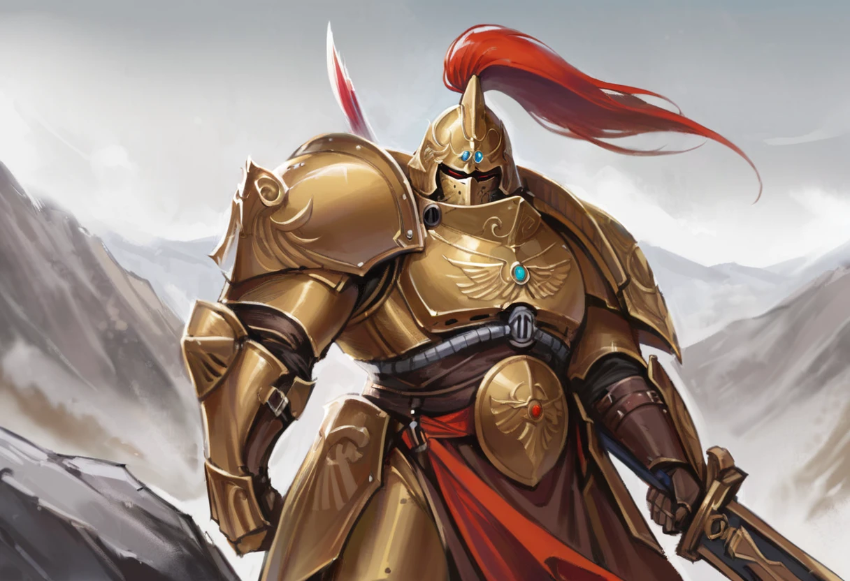 A digital painting of a Custodian from the Adeptus Custodes. He is shown from the waist up, wearing golden power armor with a red sash. He has a red plume on his helmet and a large sword in his right hand. He is standing in a rocky, mountainous landscape with a grey sky. In the background, a large spaceship is flying away from him. By Ahn Hyoungsup.
 <lora:custodians-10:1>