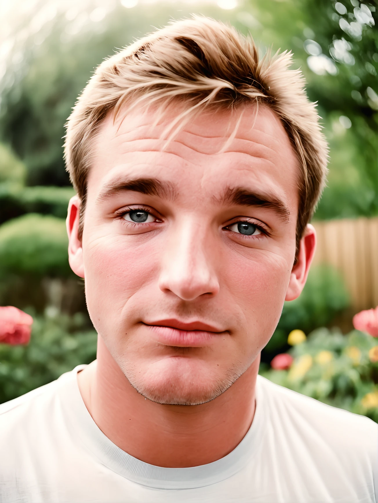 michaelsynth:0.3 man portrait, closeup:2, face focus, in the garden, laughing