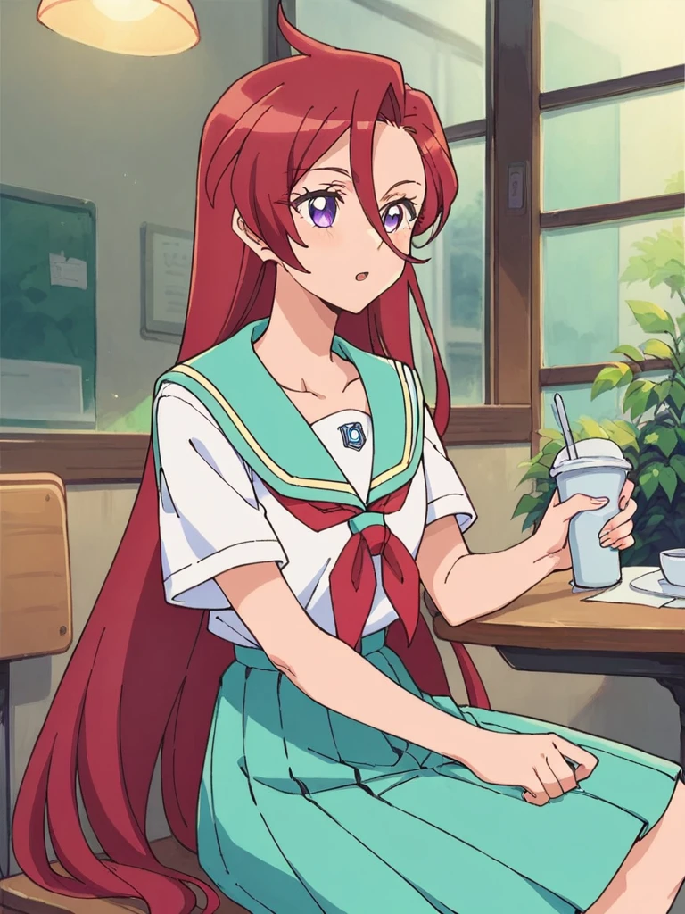 score_9, score_8_up, score_7_up, 1girl, Takizawa Asuka, red hair, very long hair, purple eyes, hair between eyes, 

school uniform, serafuku, aqua skirt, red neckerchief,

sitting, in cafe,
