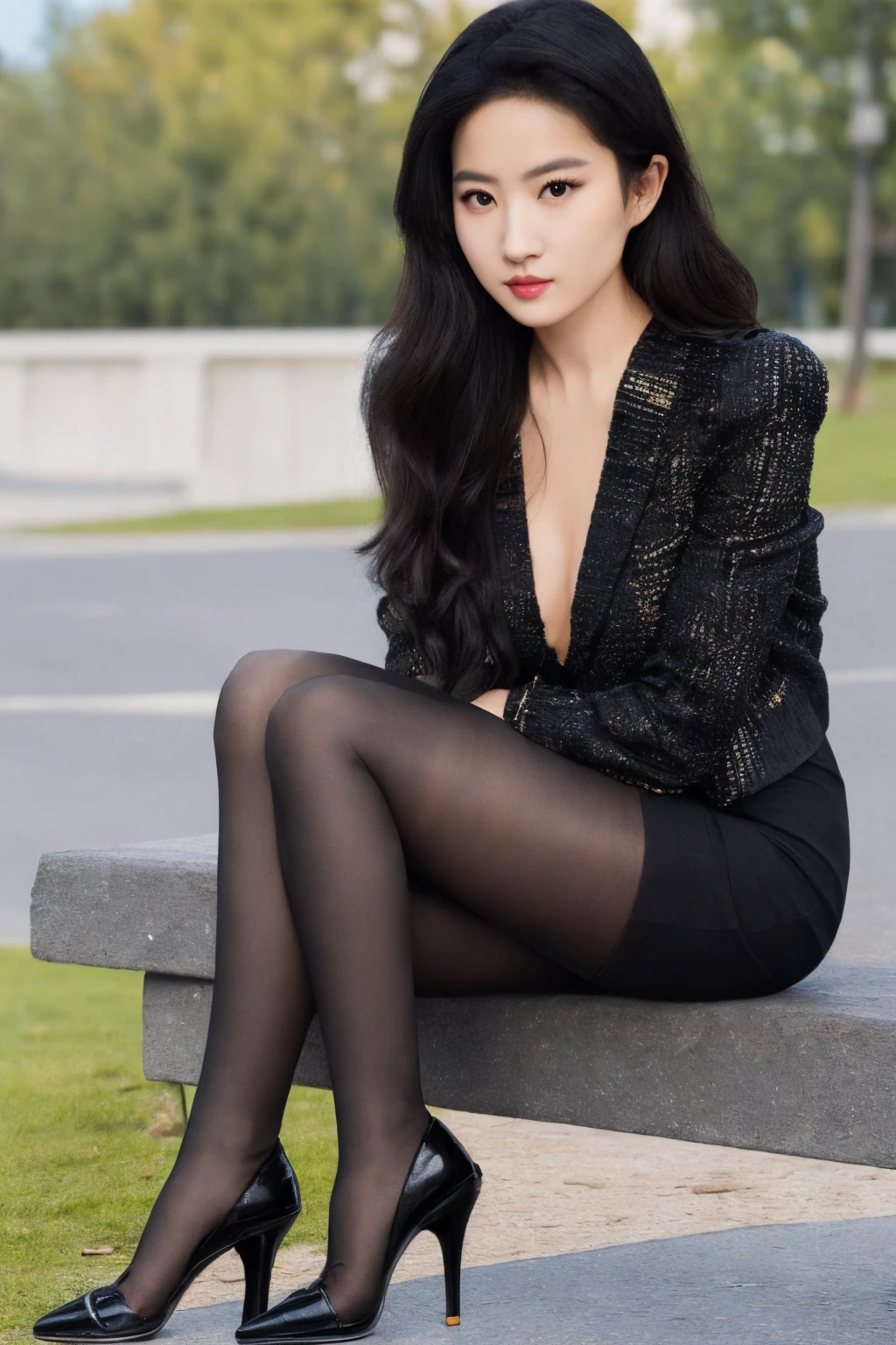 meticulously drawn large light black eyes,(masterpiece:1.2),(best quality:1.2),(extremely detailed:1.2),1girl,solo,black hair,long hair,(high_heels:1.2),looking at viewer,8k,outdoors,<lora:lyf3:0.8>,(black_pantyhose:1.2),