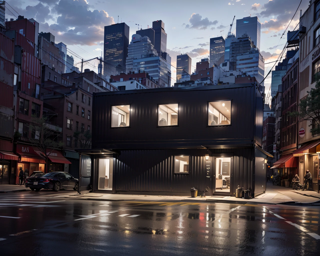 best quality,masterpiece,highly detailed,ultra-detailed, 
 <lora:neg9V2_last:0.5> New york city street,cars,road,
 <lora:Containerhouse:1>containerhouse, scenery, no humans, outdoors, <lora:cartoonisationer-V4-8:0.75><lora:cartoonisationer:0.75> <lora:cartoonisationer-21st_ce:1.25>