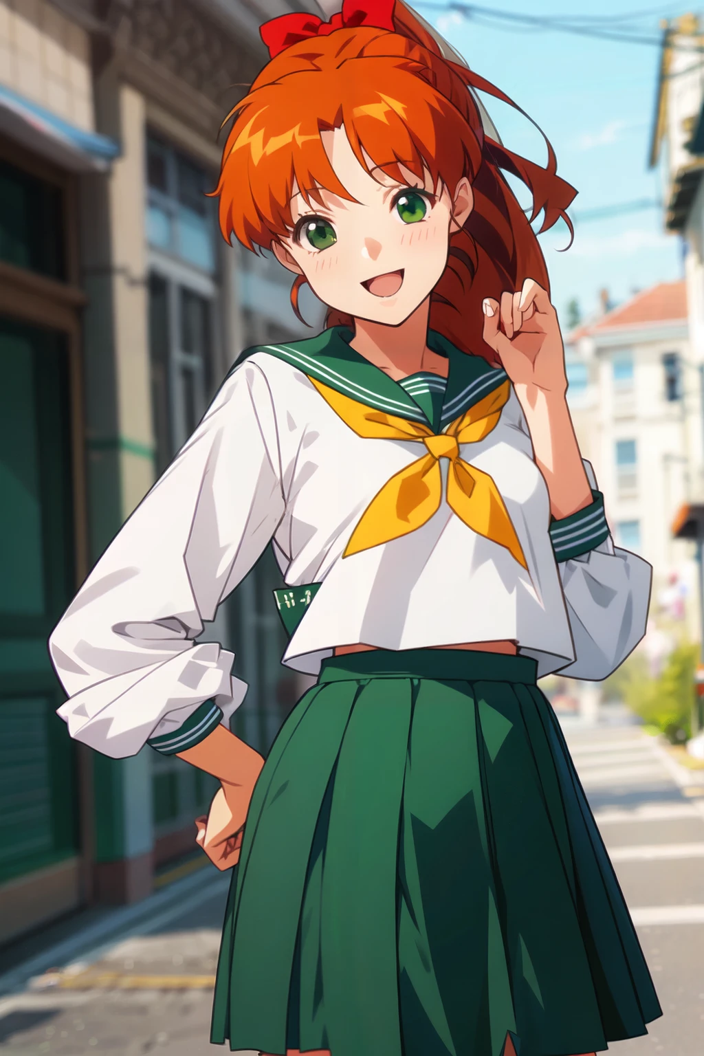  mana, green_eyes, orange_hair, long_hair, high_ponytail, hair_ribbon, red_ribbon,,, 1girl, blouse, blurry, blurry_background, cowboy_shot, day, depth_of_field, green_sailor_collar, green_skirt, hand_on_own_hip, head_tilt, looking_at_viewer, medium_skirt, neckerchief, open_mouth, outdoors, sailor_collar, school_uniform, serafuku, shirt, short_hair, skirt, smile, solo, standing, uniform, white_shirt, yellow_eyes, yellow_neckerchief