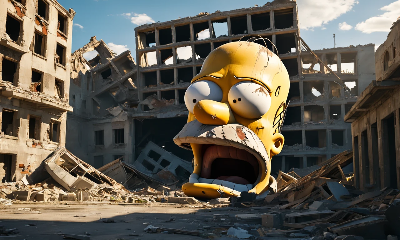 a gigantic homer Simpson head structure lying in ruined city, best quality,  landscape, nature, masterpiece, intricate, highly detailed,  cinematic lights, <lora:abslandsdxl:0.9>, abslandsdxl,