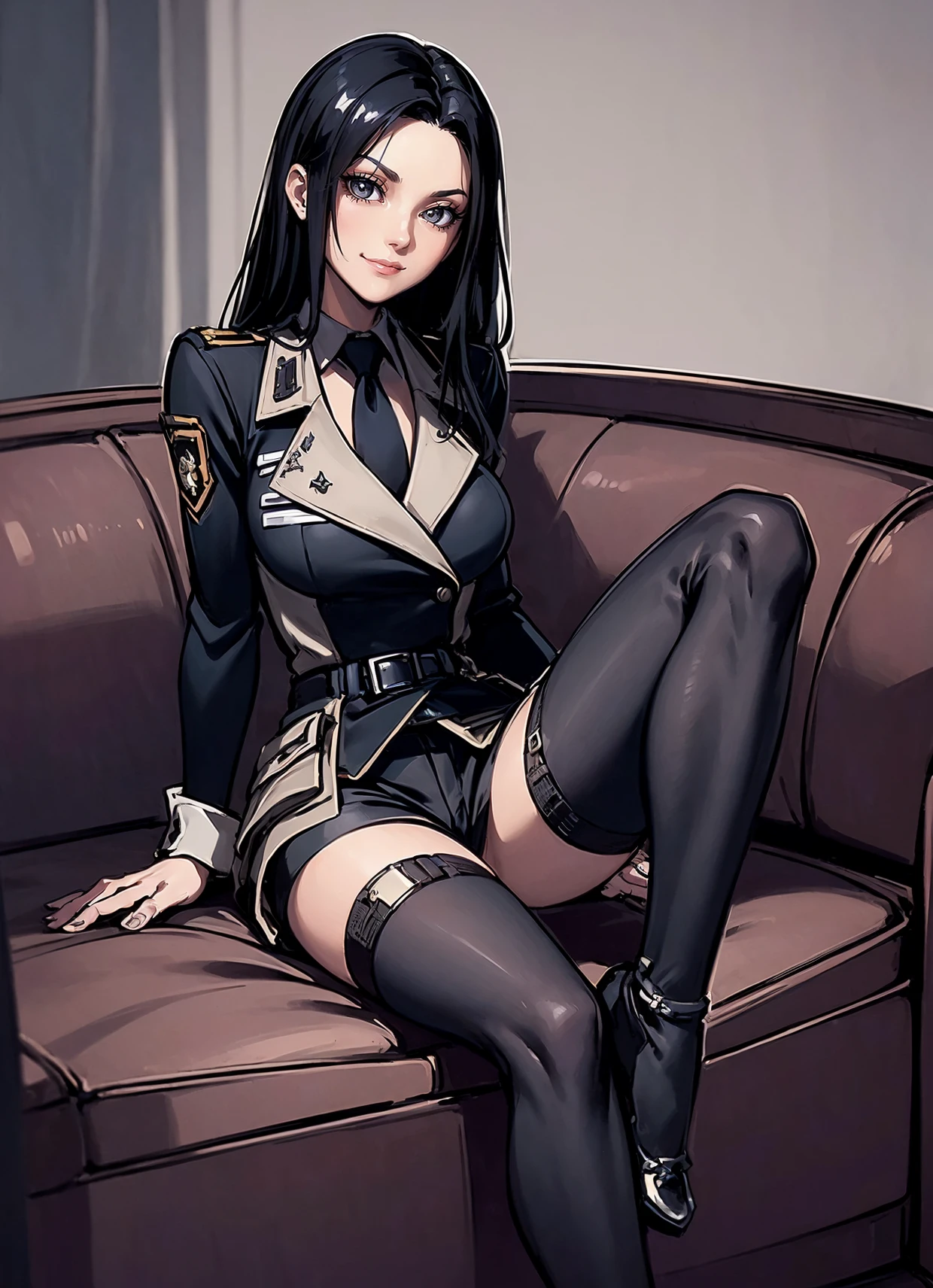 (highly detailed:1.3), masterpiece, best quality, extreme detail, 1girl ,young, a woman with wavy black hair, sinister smile, upper body,sitting at sofa, wearing a uniform, stockings, shorts, military, enclaveuni,necktie, belt,standing, <lora:enclave15test:0.7>, looking at viewer <lora:GoodHands-beta2:1>