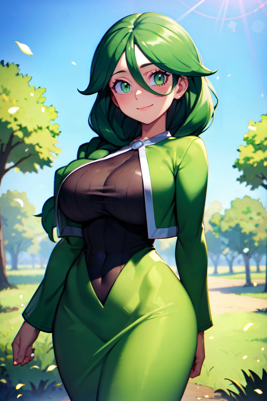 ((masterpiece,best quality)), absurdres,   <lora:Cheryl_Pokemon:0.6>,  cheryl (pokemon), green eyes, single braid, hair over shoulder,  green jacket, long dress,  curvy,  smile, looking at viewer, cowboy shot,  <lora:Bold_CAT:0.5>,