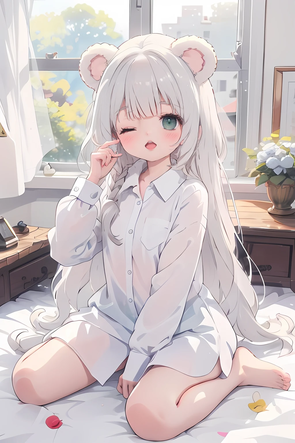 masterpiece,best quality,1girl,solo,long hair,looking at viewer,blush,open mouth,bangs,shirt,long sleeves,animal ears,sitting,very long hair,green eyes,collarbone,white shirt,grey hair,one eye closed,barefoot,collared shirt,hand up,sleeves past wrists,dress shirt,wariza,between legs,hand between legs,naked shirt,sleepy,bear ears,waking up,rubbing eyes,bed,window,morning sunshine