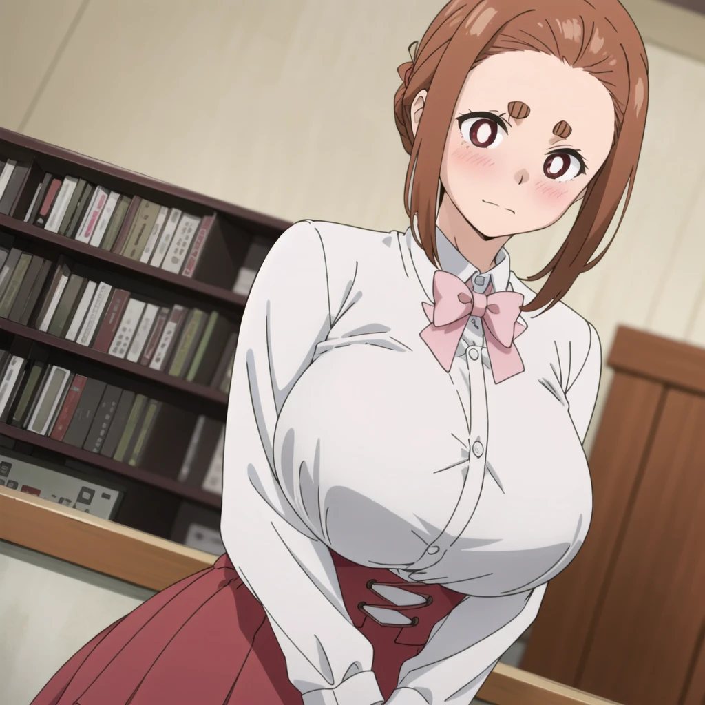 Best Quality, masutepiece, Brown hair, Yellow eyes, Yuriko Aoki, Stand in the changing room, Embarrassed look, Long oversized breasts, Sweaters, Pull up the sweater with your hands, White Micro Bikini, Thin fabric, The upper part of the body, Close-up on the chest