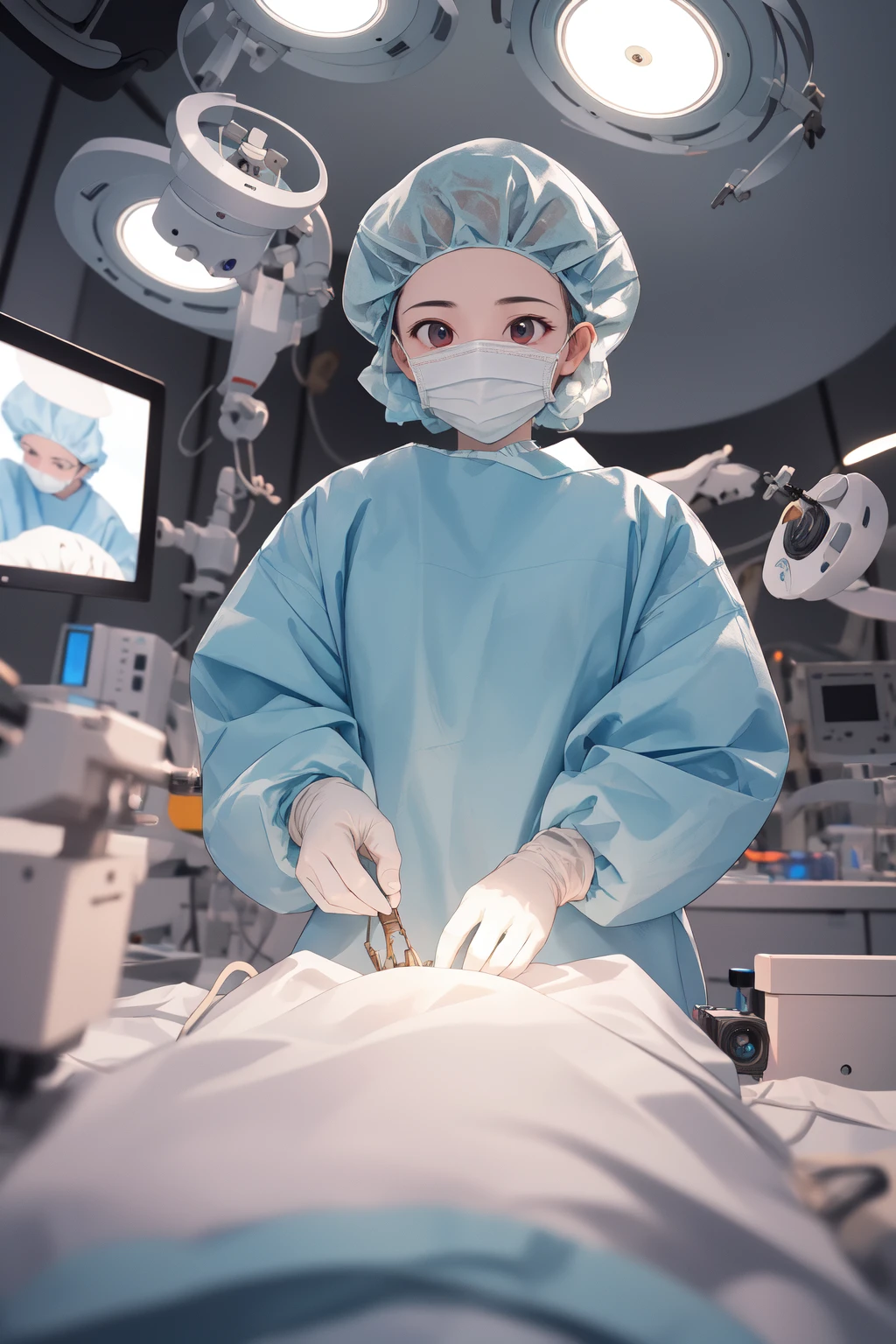 (RAW photo, best quality), 1girl, long sleeve surgical outfit, surgical mask,  surgical gloves, surgical cap,  operating room, overhead surgical light, dslr, blurred background, focused
 <lora:concept_surgery_cap_v2_1:1> surgery_cap